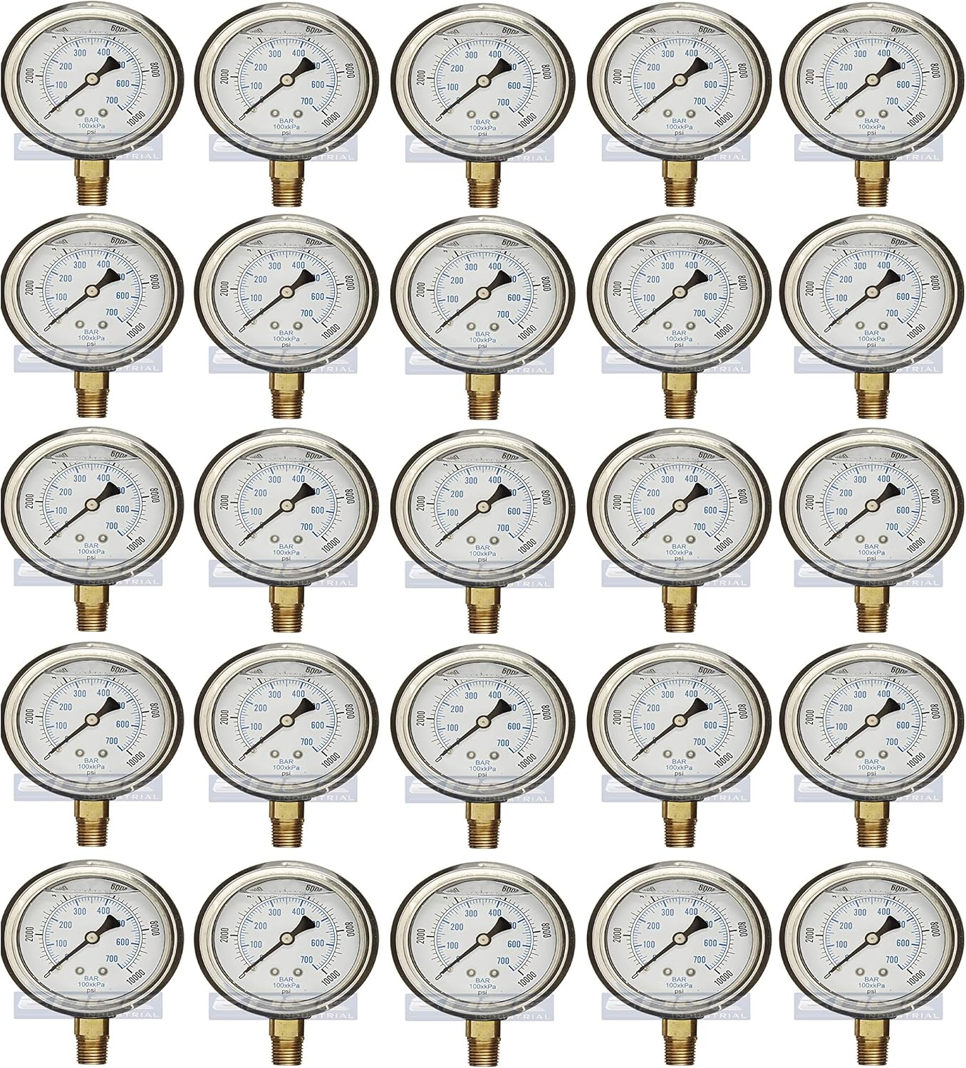 Stainless Steel Lower Mount Liquid Filled Pressure Gauge, 2.5 FACE / DIAL, Rated WOG, 1/4 Male NPT, Range 0 - 10,000 PSI (Qty 25)