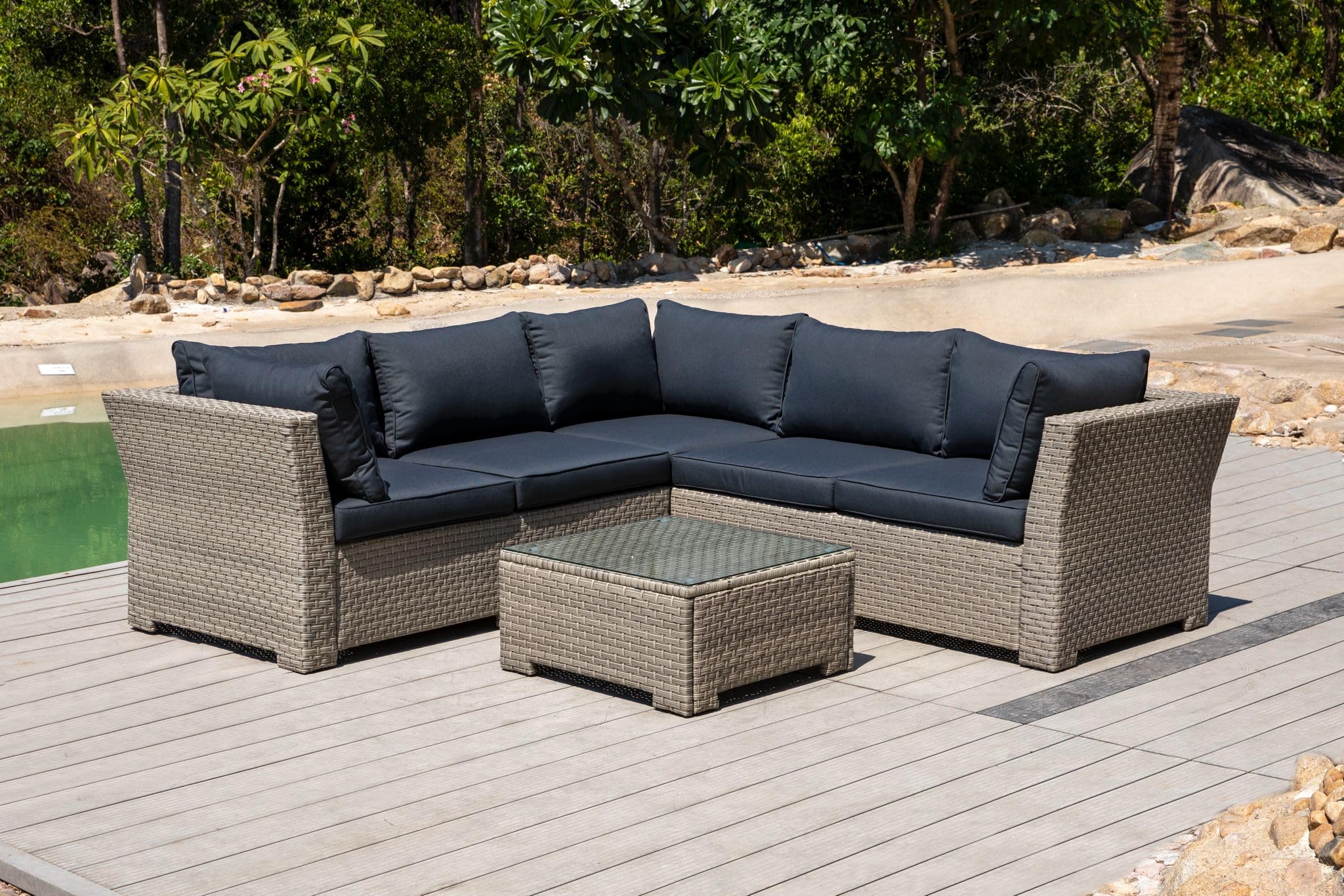 Chesterton Luxury Juego de 5 plazas de ratán para jardín con cojines, color negro, 230 x 146 x 67 cm
