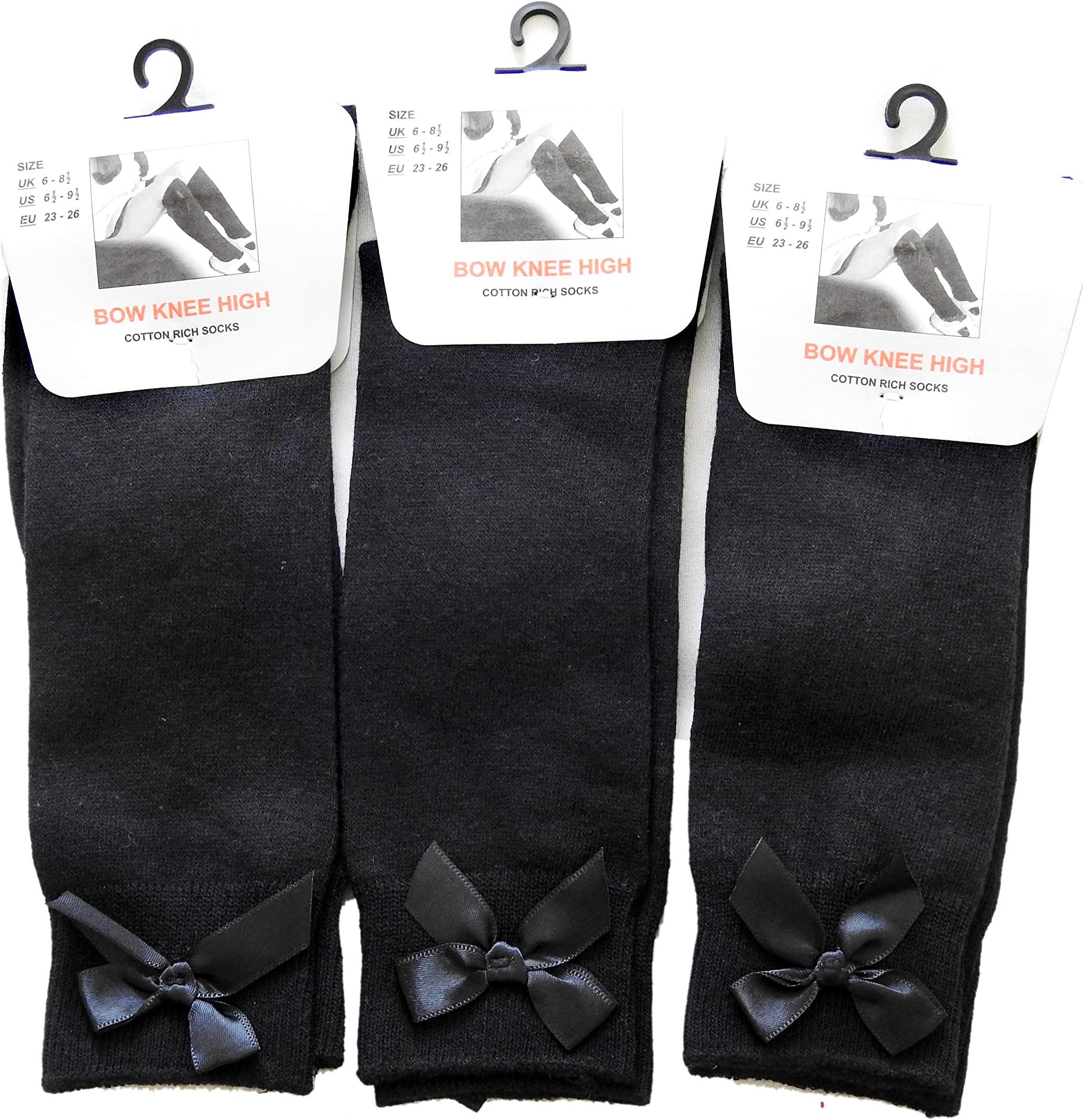Ikebana Trends Bow Knee High 3 pairs School Girls & Kids Plain Long Length Cotton Stretch With all size & colour (Set of 3 pairs) (UK 9-12 (EU 27-30), Black)