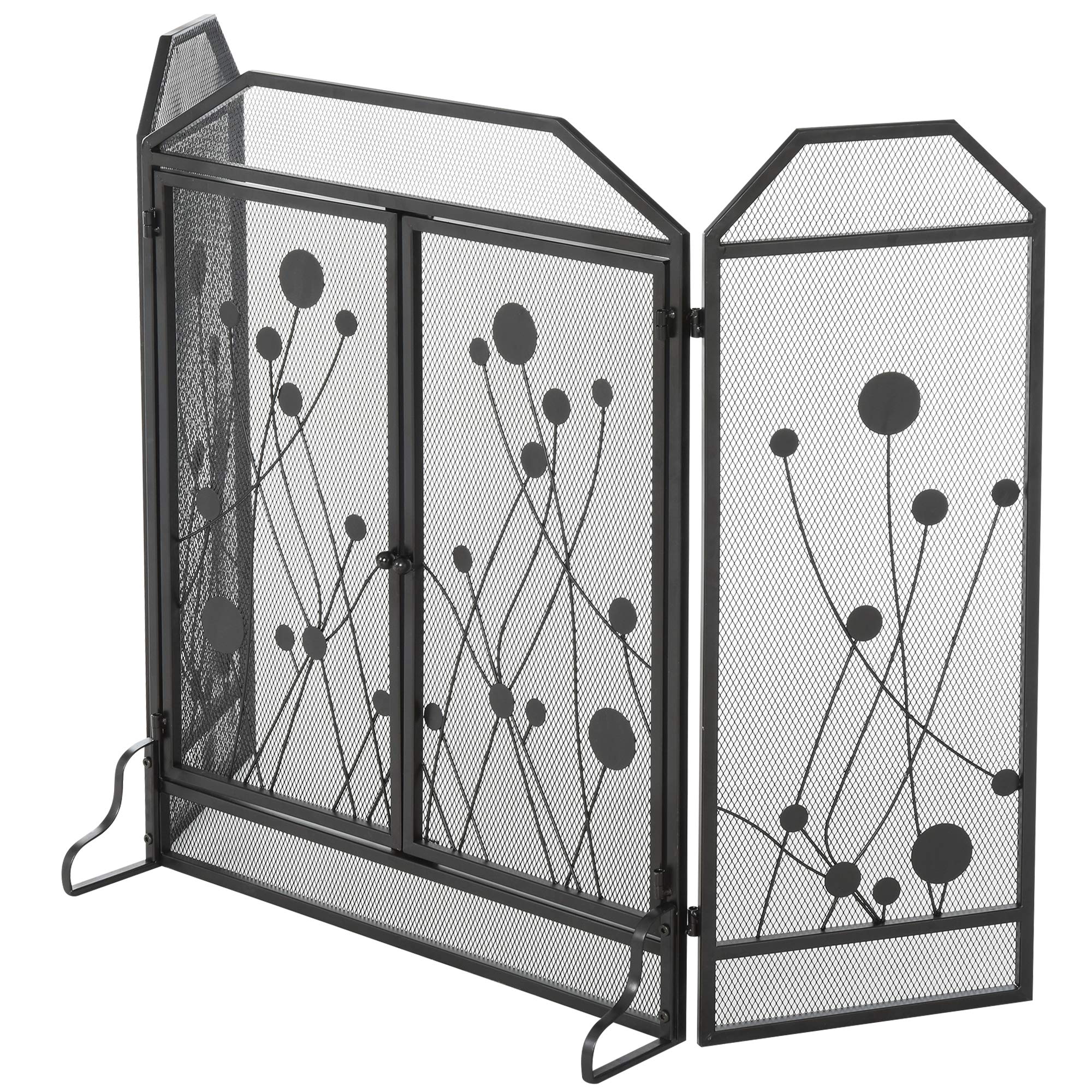 HOMCOM Parascintille Pieghevole per Camino in Acciaio e Metallo Nero con 2 Porte a Chiusura Magnetica, 125x80cm