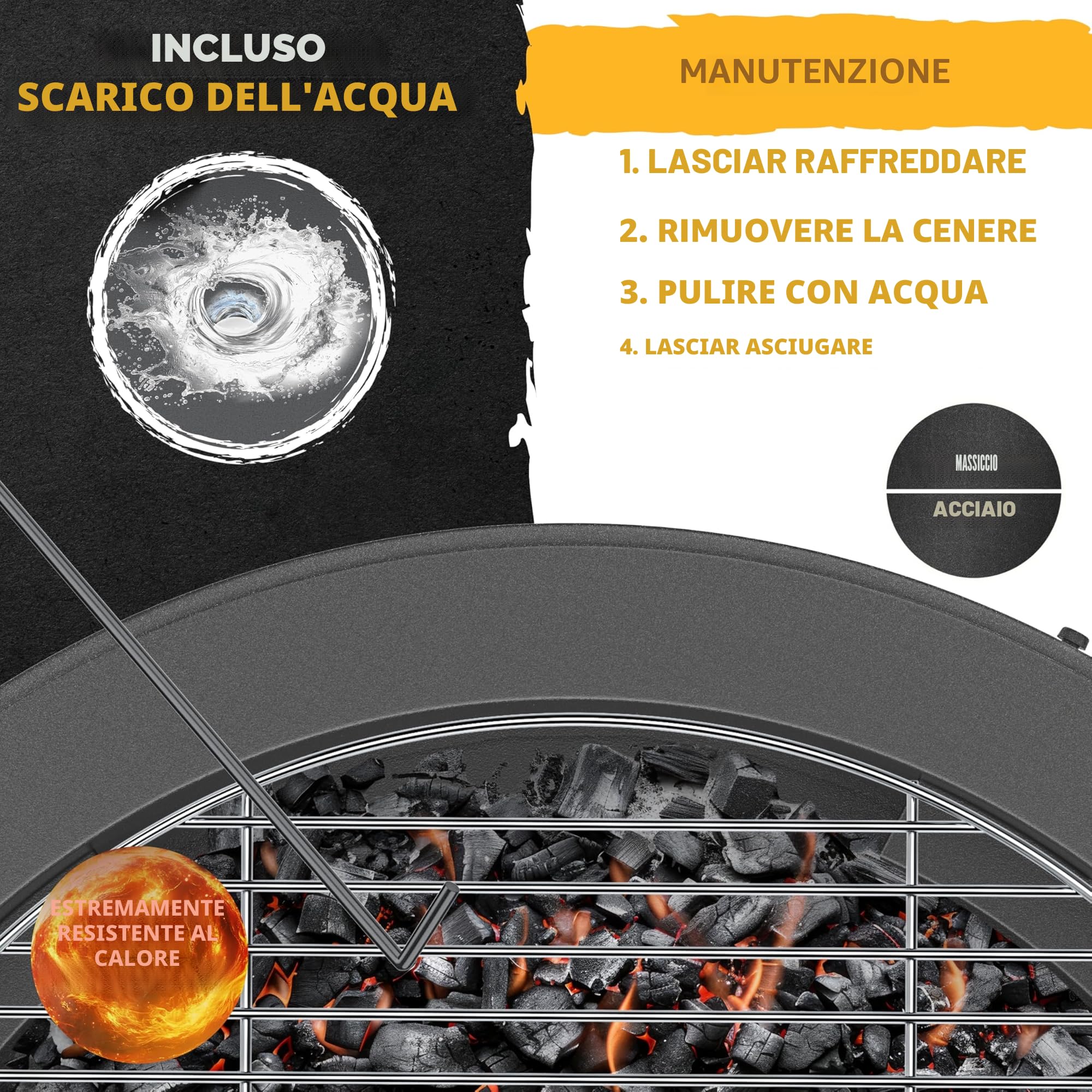 KESSER Braciere con griglia Ø 65 cm, braciere 0,6 mm, in acciaio raffinato a freddo, con pneumatici, braciere in legno e carbone con gancio in ghisa, diametro 52 cm, spazzola e copertura