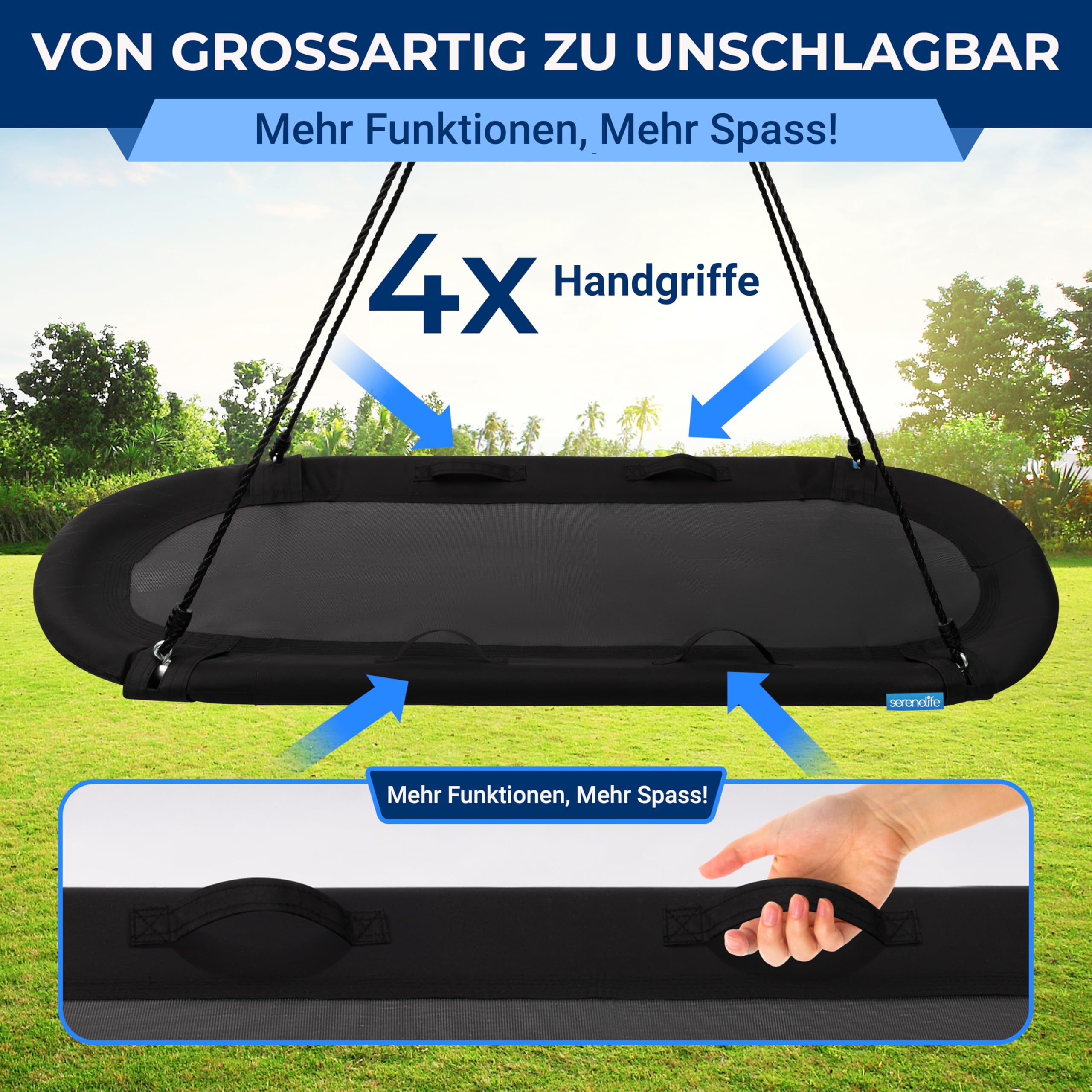SereneLife Nestschaukel Indoor Outdoor, 170 cm Kinder Schaukel, bis 320 kg belastbar, ovale Baumschaukel mit Kissen für Garten, Kinder & Erwachsene, Schwarz
