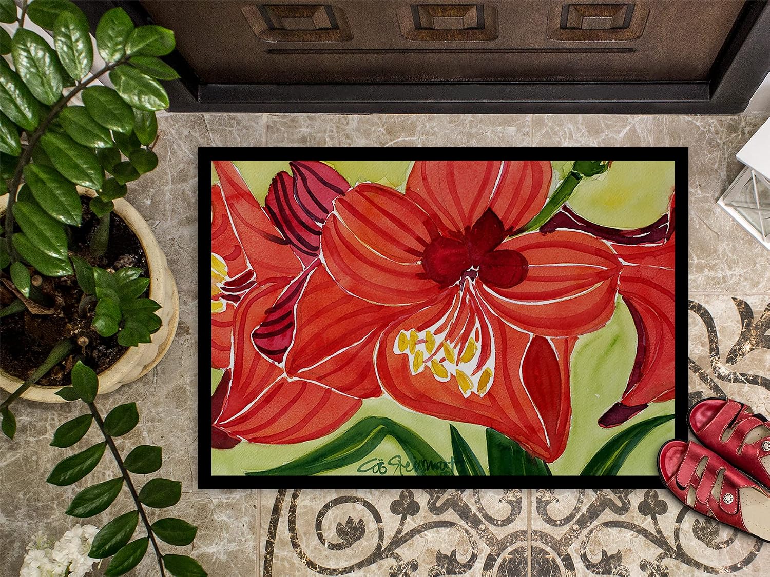 Caroline's Treasures 6055JMAT Flower - Amaryllis Doormat 24x36 Front Door Mat Indoor Outdoor Rugs for Entryway, Non Slip Washable Low Pile, 24H X 36W
