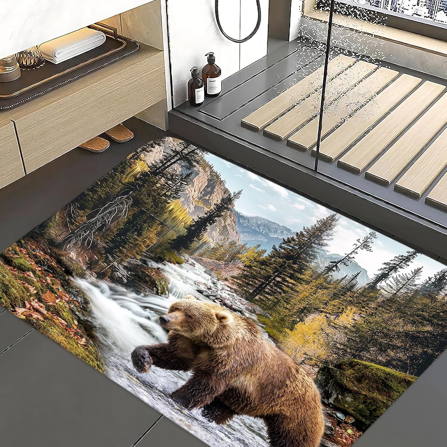 Rustic Bear Mat Rug Rustic Cabin Wildlife Plaid Pine Tree Forest Western Deer Bathroom Rug Cabin Camping Vintage Wooden Board Retro Country Brown Black Mat Rugs 19X31 Inch
