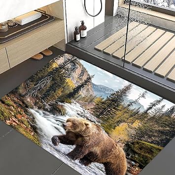 Rustic Bear Mat Rug Rustic Wildlife Pine Tree Forest Western Bathroom Rug Camping Vintage Wooden Board Retro Country Brown Black Mat Rugs 19X31 Inch