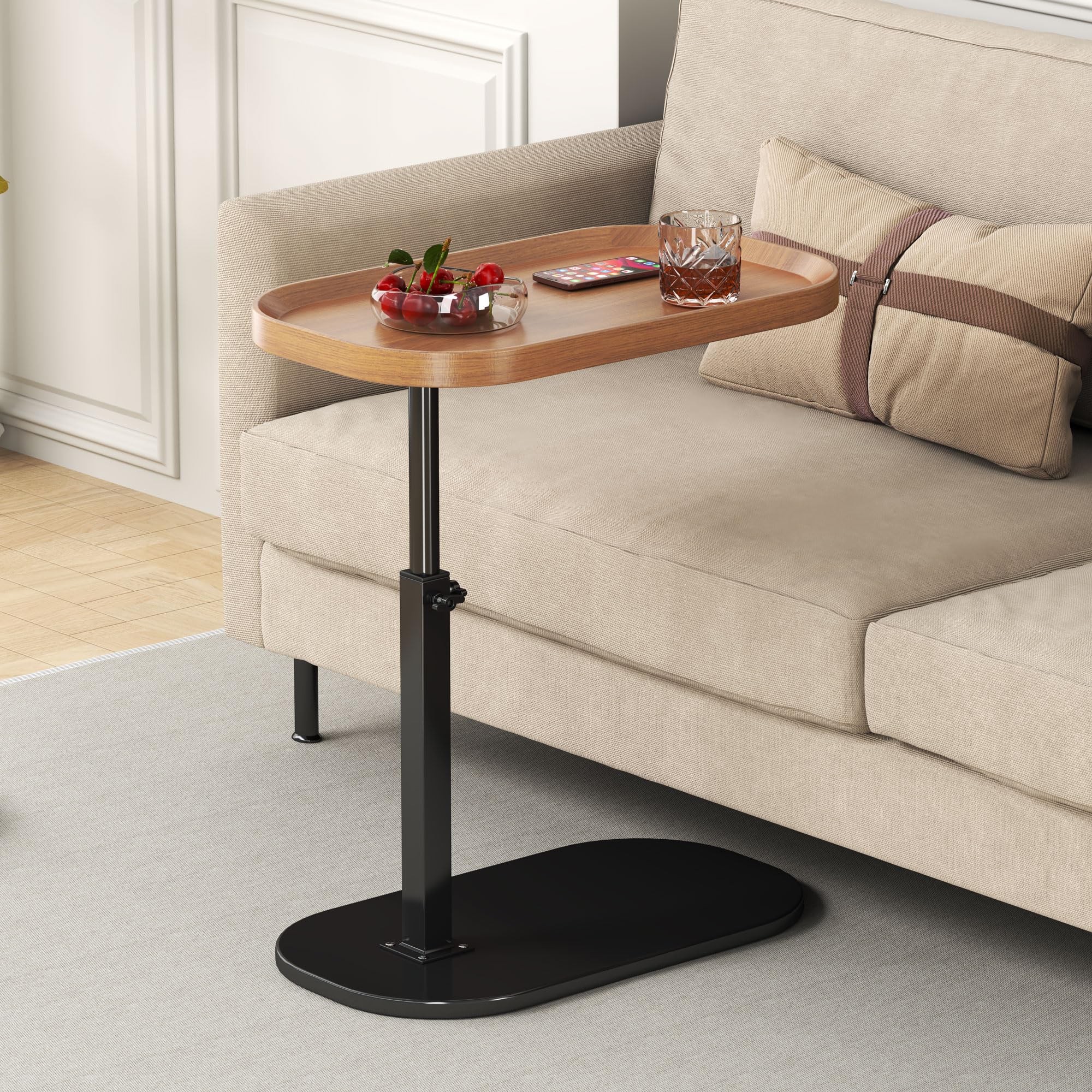 C Shaped Side Table Adjustable Height, 360°Swivel C Shaped End Table, Couch Side Tables That Slide Under, Small Coffee C Table End Table for Sofa/Bed/