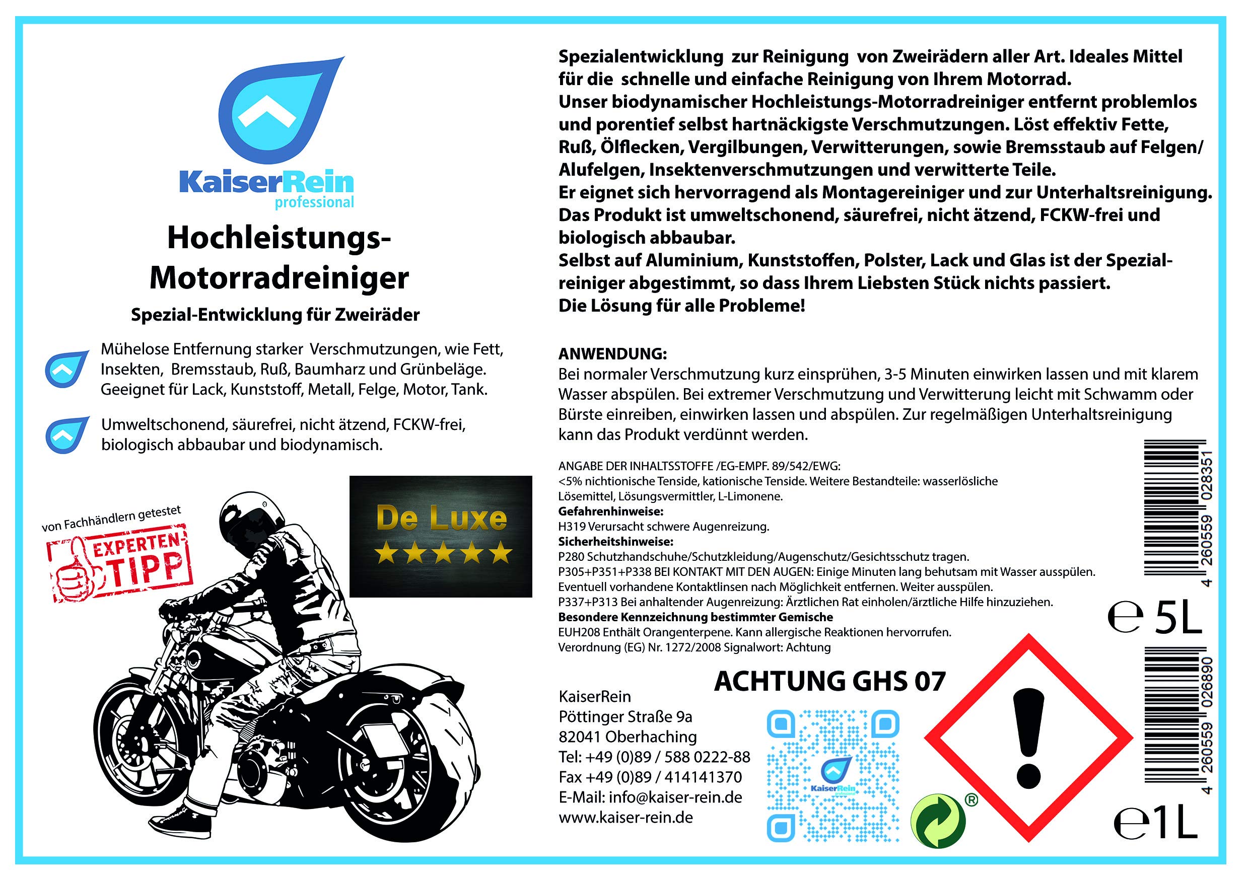 KaiserRein professional Hochleistungs Motorrad- und Zweirad-Reiniger 5L Kanister Spezial-Entwicklung für Zweiräder Citrus Reiniger für Profis…