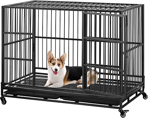 Topeakmart Jaula para perros de 48 y 42 pulgadas, resistente XXL, para perros grandes con ruedas bloqueables, jaula para perros con puertas dobles y