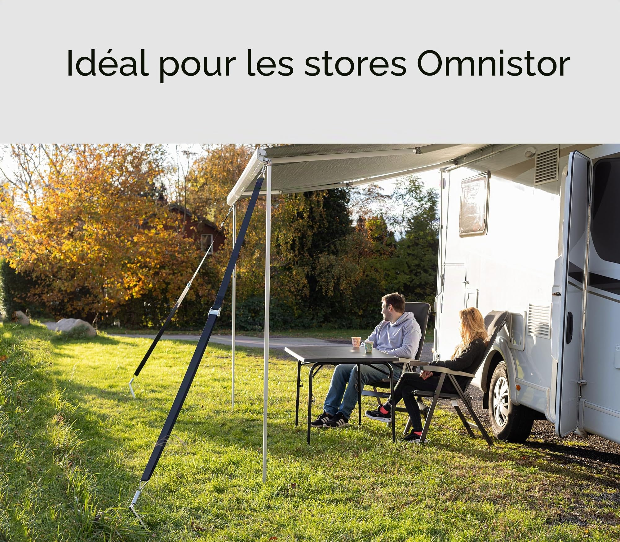 Stormband Kit de protection contre les tempêtes pour auvent et auvent de camping, accessoires de camping-car, 2 piquets, 2 sangles, 2 ressorts