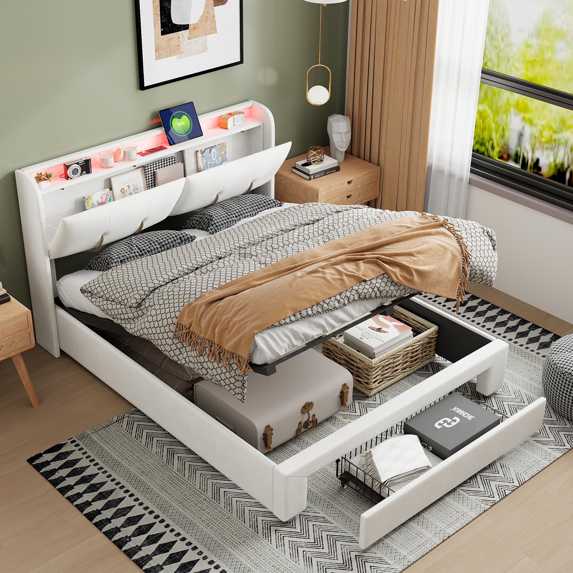 Ravas Polsterbett mit USB Type C Ladefunktion, Stauraumkopfteil und LED-Beleuchtung und Schubladen, Doppelbett 140x200 Große Stauraumbetten Bettgestell mit Lattenrost aus Holzrahmen