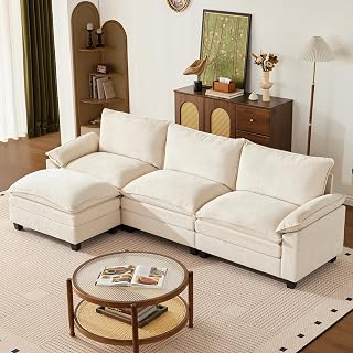 SUAWY 110.3 Inch Beige Modular Cloud Sectional Sofa with Ottoman - L-Shaped 4-Seat Deep Seat Couch for Living Room