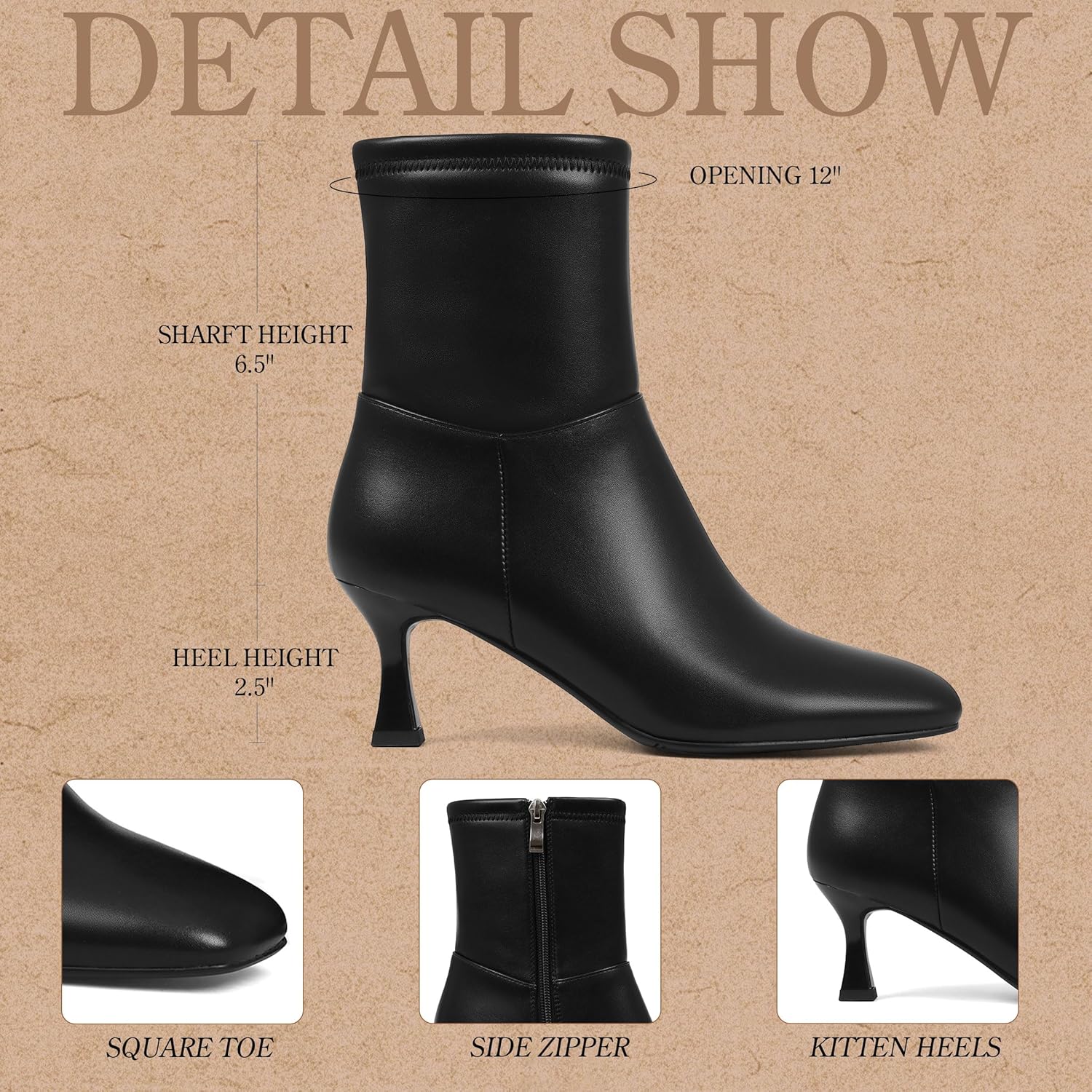 Goiphrri Ankle Boots for Women Kitten Heels Boot Womens Square Toe Short booties Office Casual Outfit Heeled Fall Boots Stretch Booties with Side Zipper for Women - Image 5