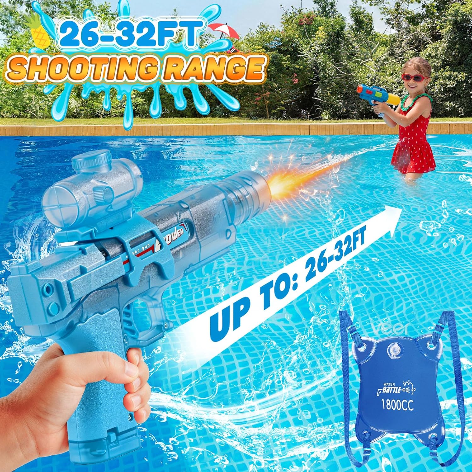 Electric Water Guns for Kids Adults, 2 Pack Powerful Automatic Squirt Gun Water Blaster, 26-32 Ft Range, 1800CC Large Capacity, Summer Outdoor Swimming Pool Water Toys, Watergun Gift for Kids & Adults