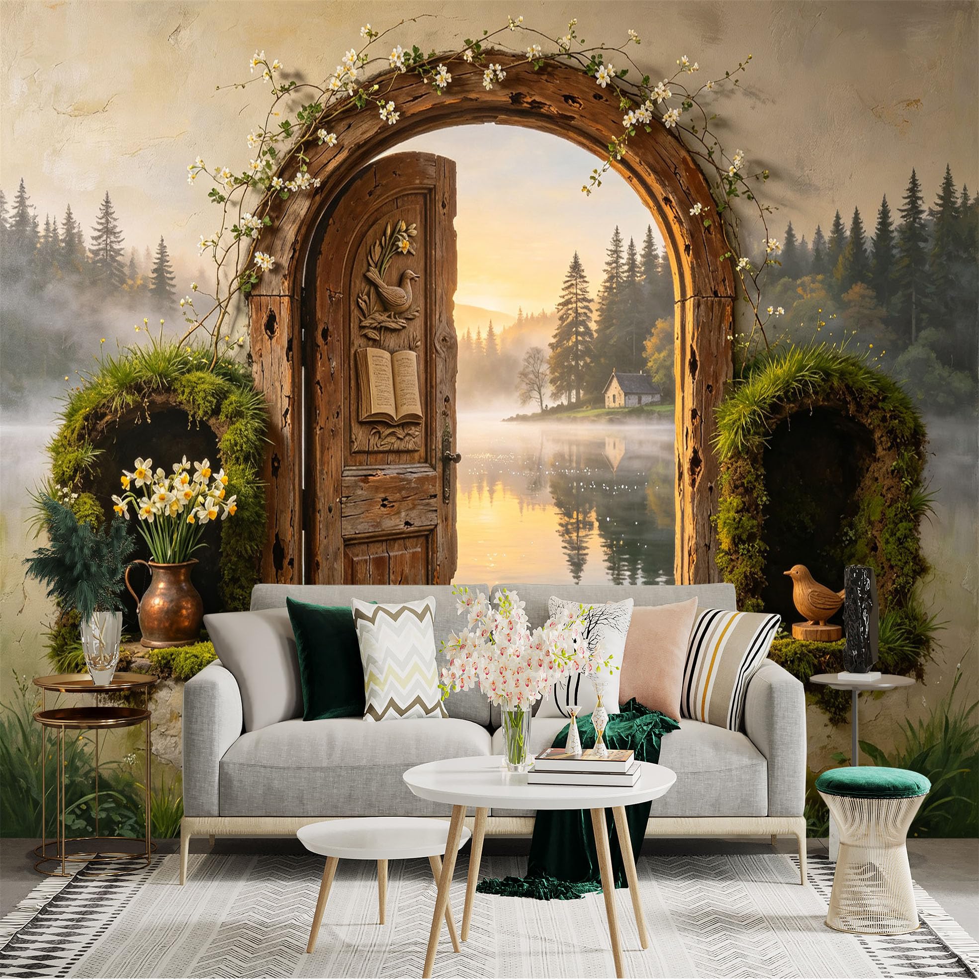 Custom Size Wall Sticker Mural， Rustic Wooden Doorway， Misty Lake and Forest， for wall Decoration， peelandstick wall Decals.