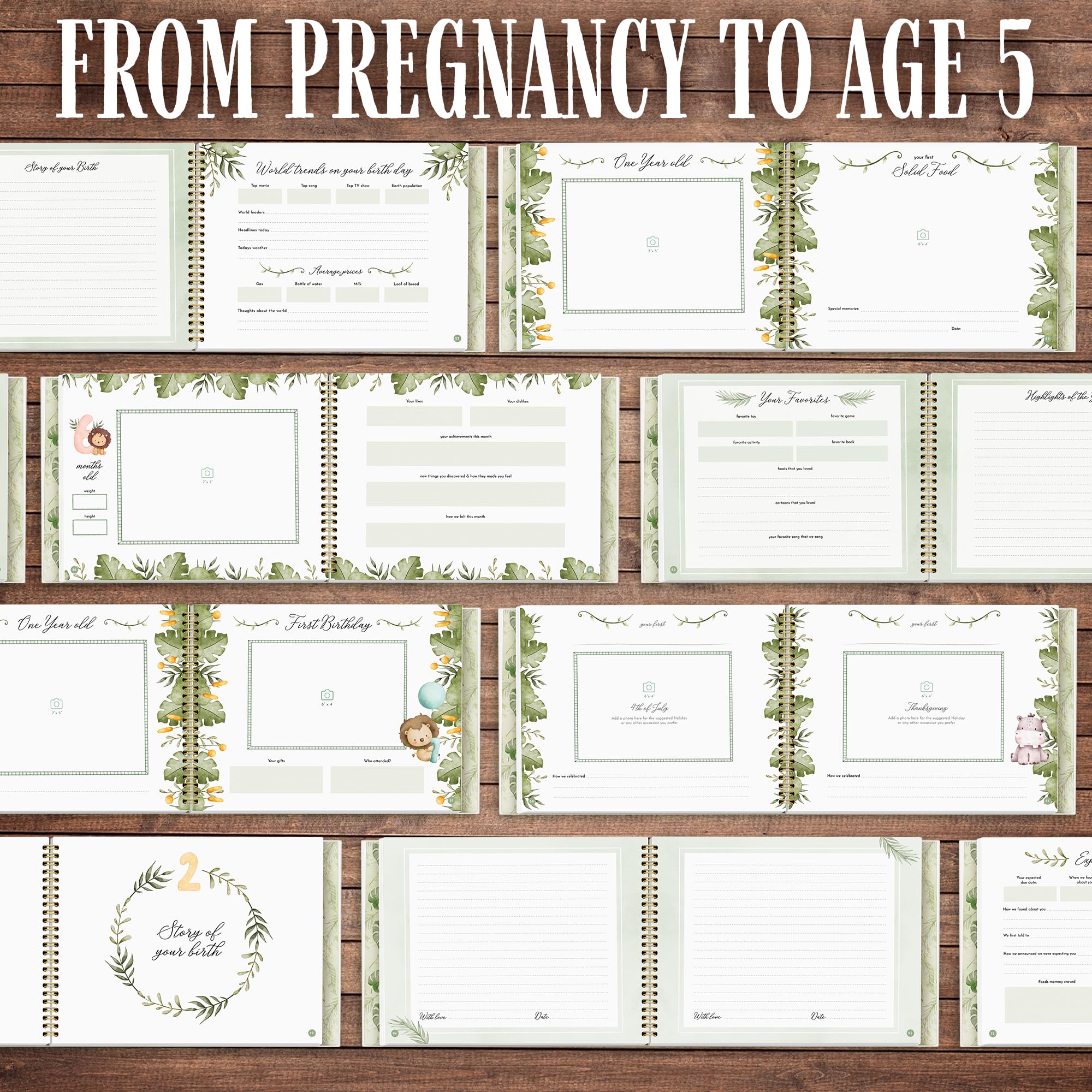 Baby-Erinnerungsbuch – "The Story of You" Erinnerungs-Tagebuch mit Fotoschlitz, Zoo-Tier-Design, Goldstift, flache Bindung, Geschenkbox – 90 farbige Seiten, 22,9 x 29,8 cm