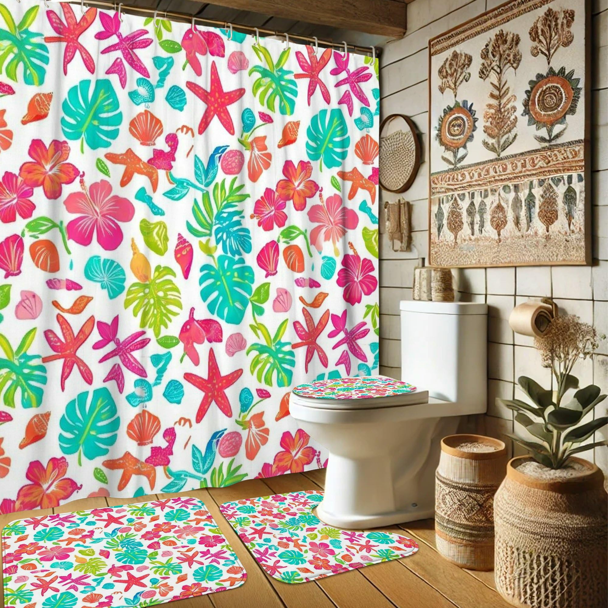 Rideau de douche imperméable en polyester 183x183 cm à motif fleurs et feuilles tropicales