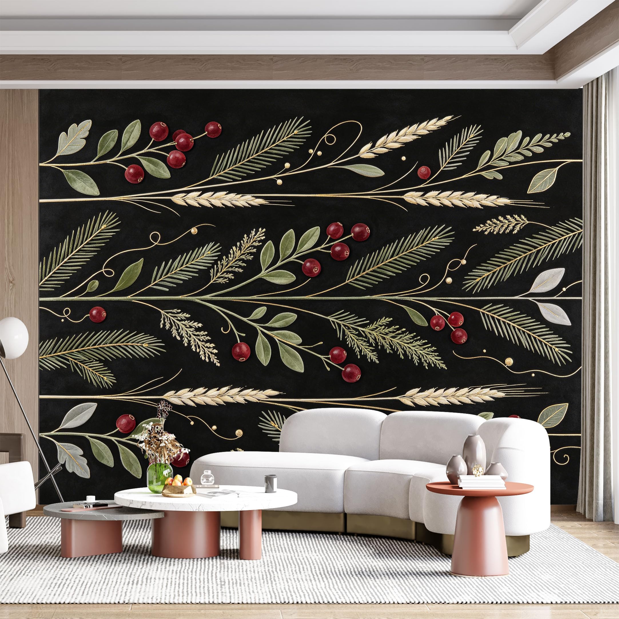 Custom Size Wall Mural Botanical Berry Branch Wheat Botanical Floral Watercolor SelfAdhesive Wall Fabric Removable for Home Office Decor