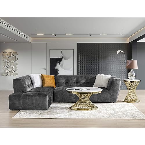 Acanva Luxury Mid-Century Velvet Tufted Low Back Sofa Set L-Shape 2-Piece Living Room Couch, 113"W Left Hand Facing Sectional, Grey