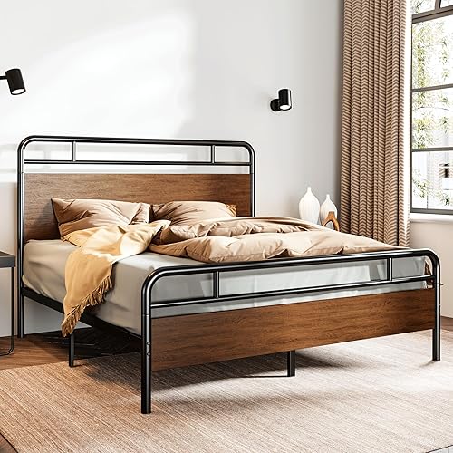 Miniatura 3 de SHA CERLIN Base de cama tamaño Queen con cabecera y estribo de madera, estructura de metal de esquina redondeada, listones resistentes con