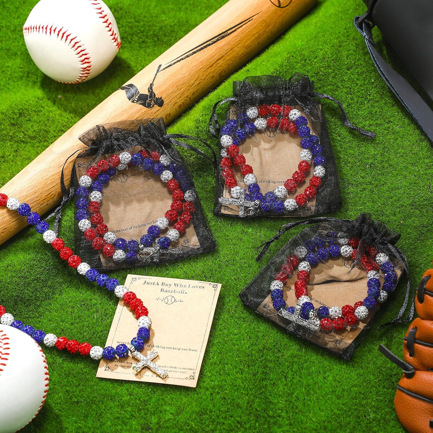 Kigeli 12 Set 18 in Baseball Beaded Cross Necklace for Boys Girls Kids Easter Basket Stuffers Baseball Gifts with Cards and Mesh Bags Adjustable Rhinestone Necklaces for Athletes Christian Teens Men - Image 3
