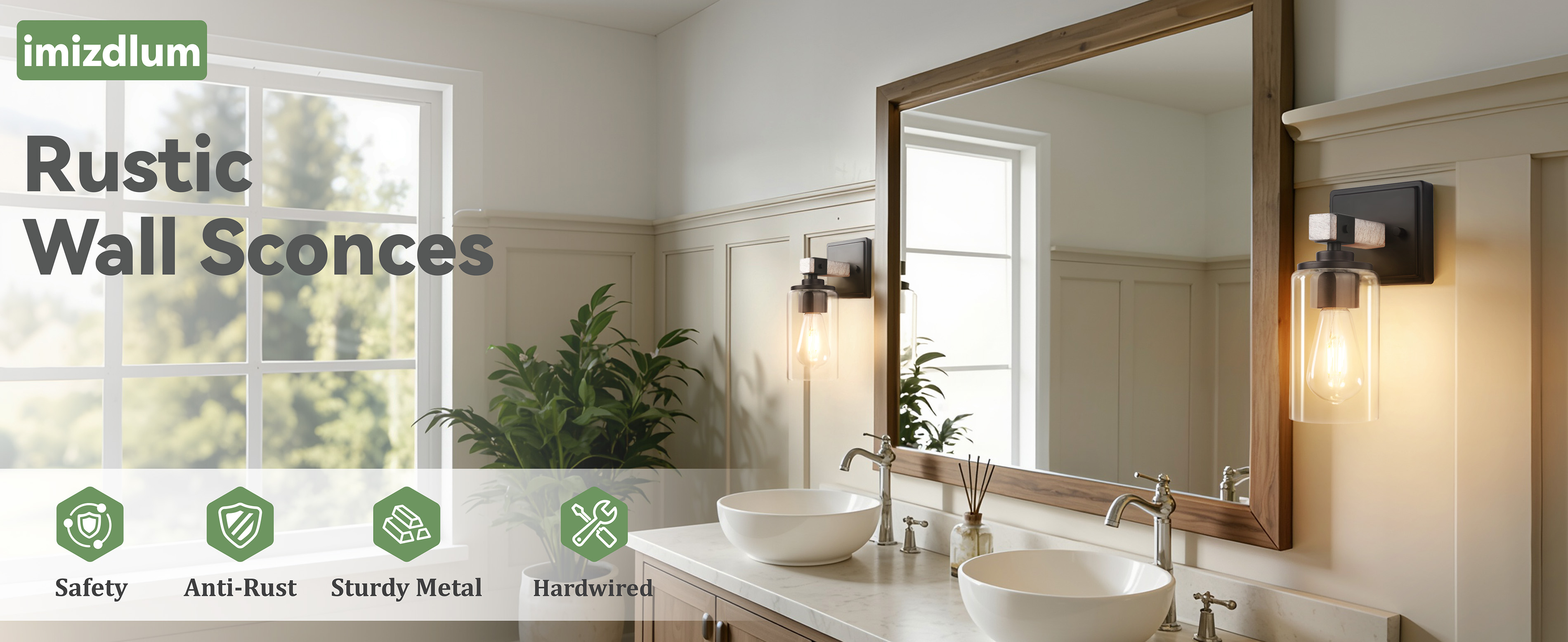 Image of Wall Sconces Set of Two, Farmhouse Rustic Vanity Light for Bathroom | Wall Lights with White Glass Shade for Mirror, Bedroom, Living Room, White Handcrafted Wood-Grain, Hardwired(Bulb Not Includ)