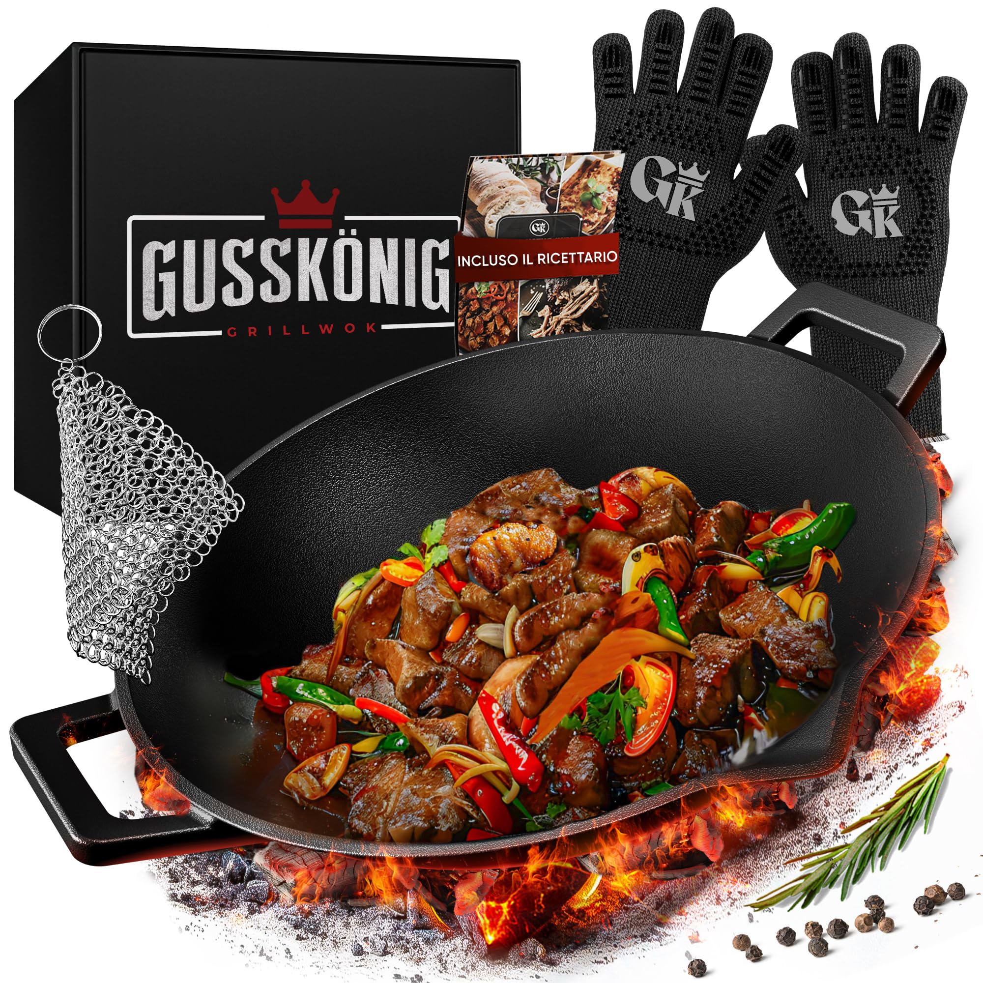 GUSSKÖNIG Wok in Ghisa - 36 cm, Wok Cinese Originale per gas, fornello, Wok Induzione. Include anello in acciaio inox per la pulizia, guanti da grill e libro di ricette-padella ghisa