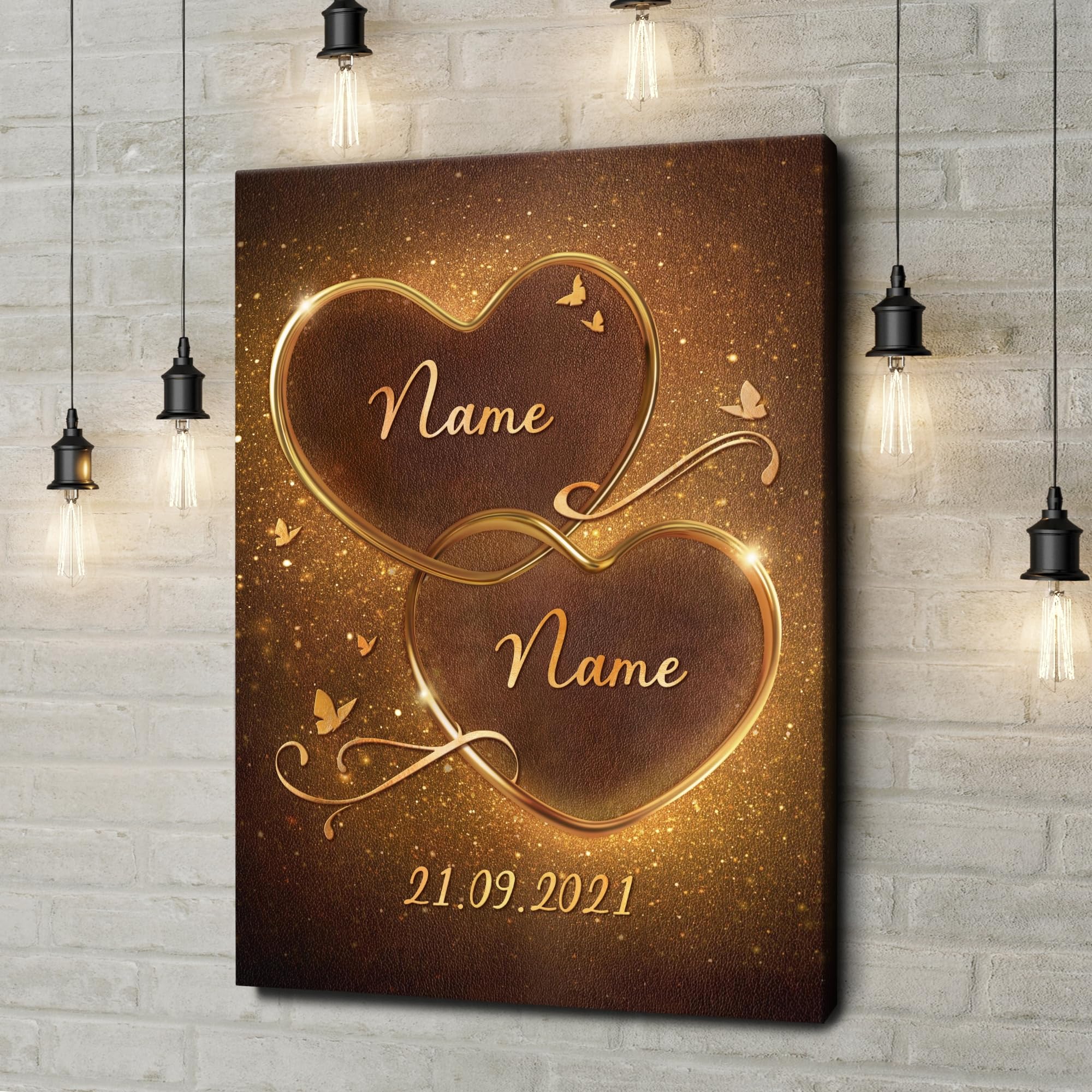 Liebesleinwand Personalisiertes Geschenk für Partner Geschenk Jahrestag, Verlobung, Hochzeitstag | Leinwandbild romantisch gestalten | Goldene Verbundenheit