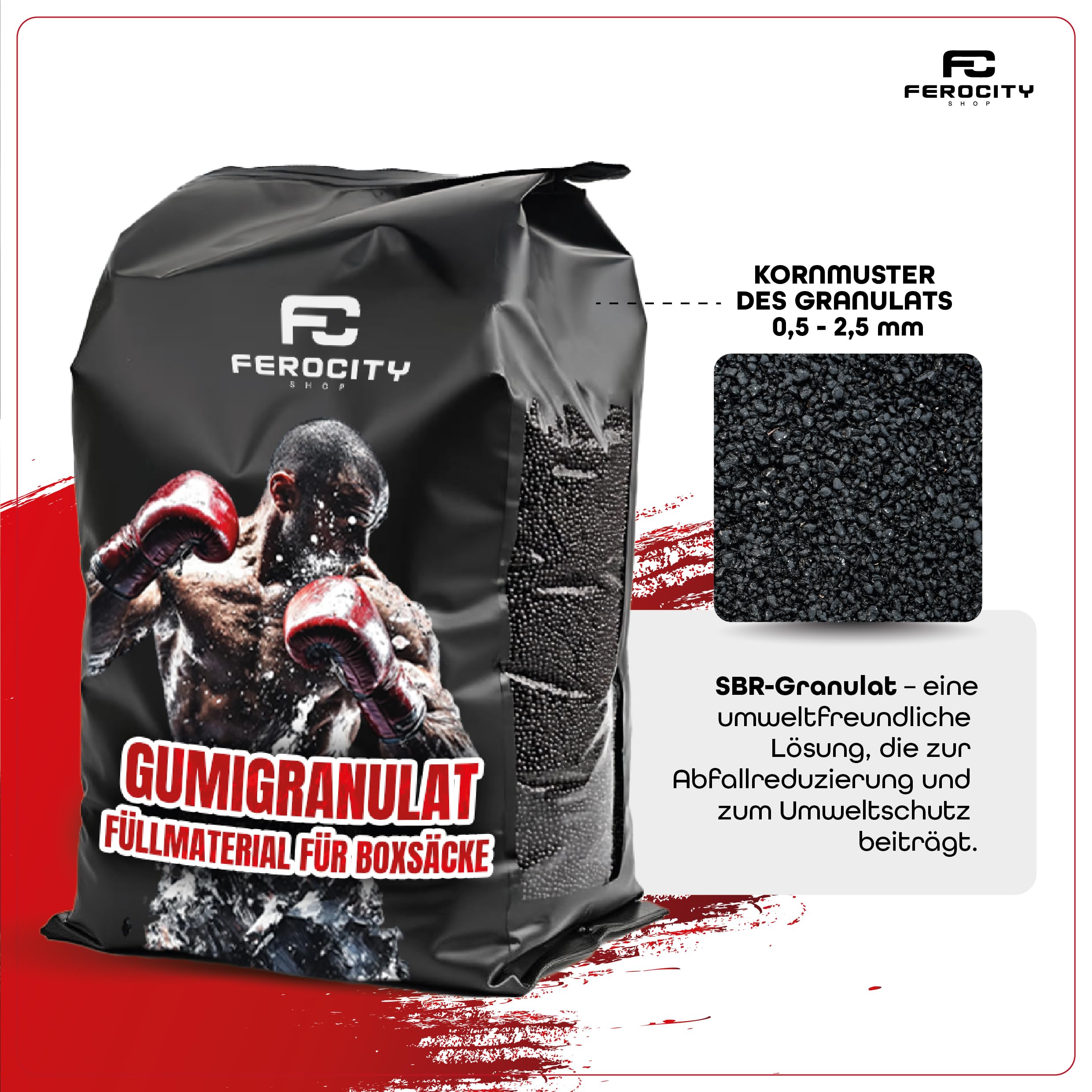 Ferocity Relleno para Saco de Boxeo 20 KG Aprox. 36L | para Makiwara, Pera de Maíz, Pera de Boxeo, Saco de Golpes | Granulado de Goma SBR – Densidad Óptima, Alta Durabilidad, Ecológico [137]