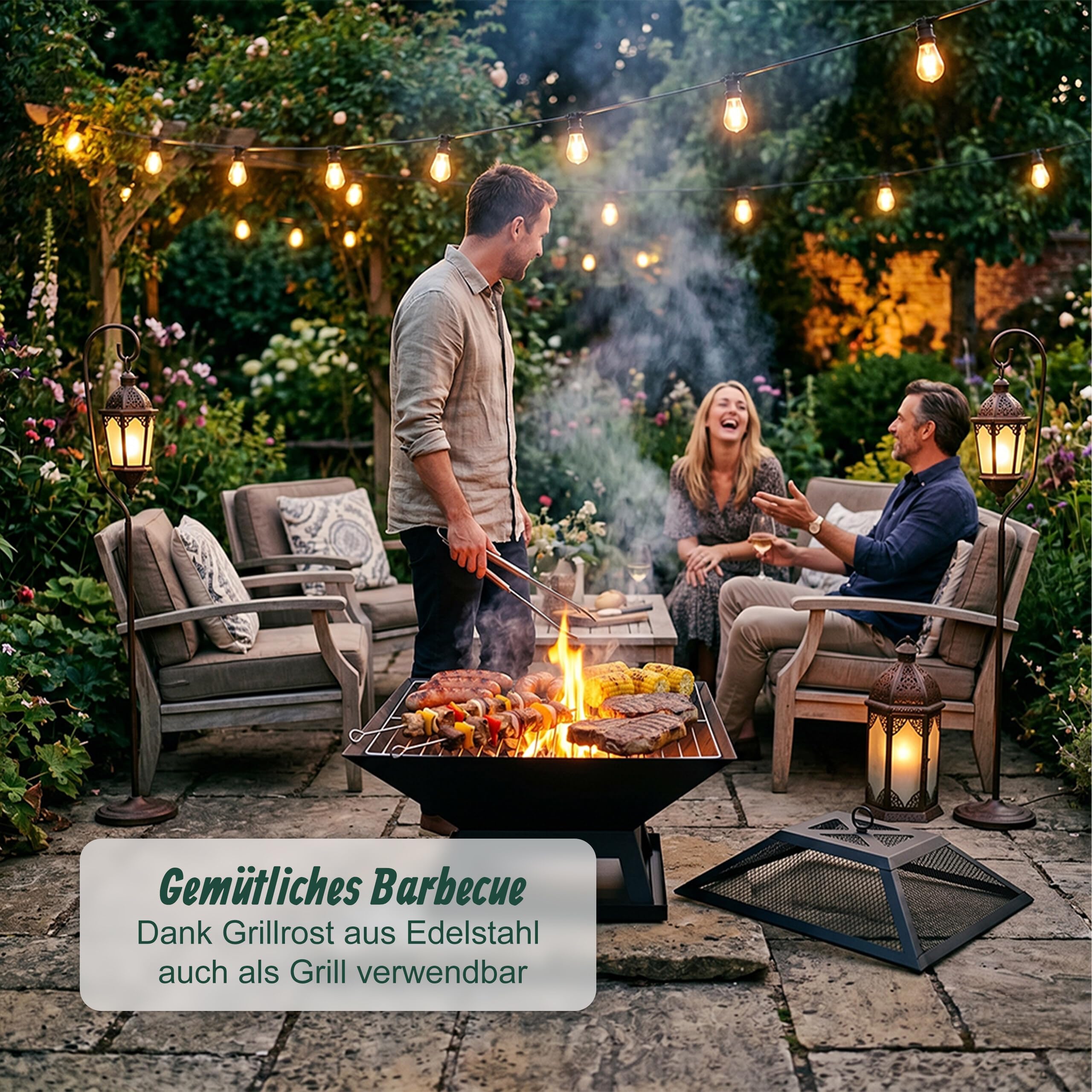 Relaxdays Feuerschale, HxBxT: 36x45x45 cm, mit Grillrost, Funkenschutz, Schürhaken, Stahl, Feuerstelle Garten, schwarz