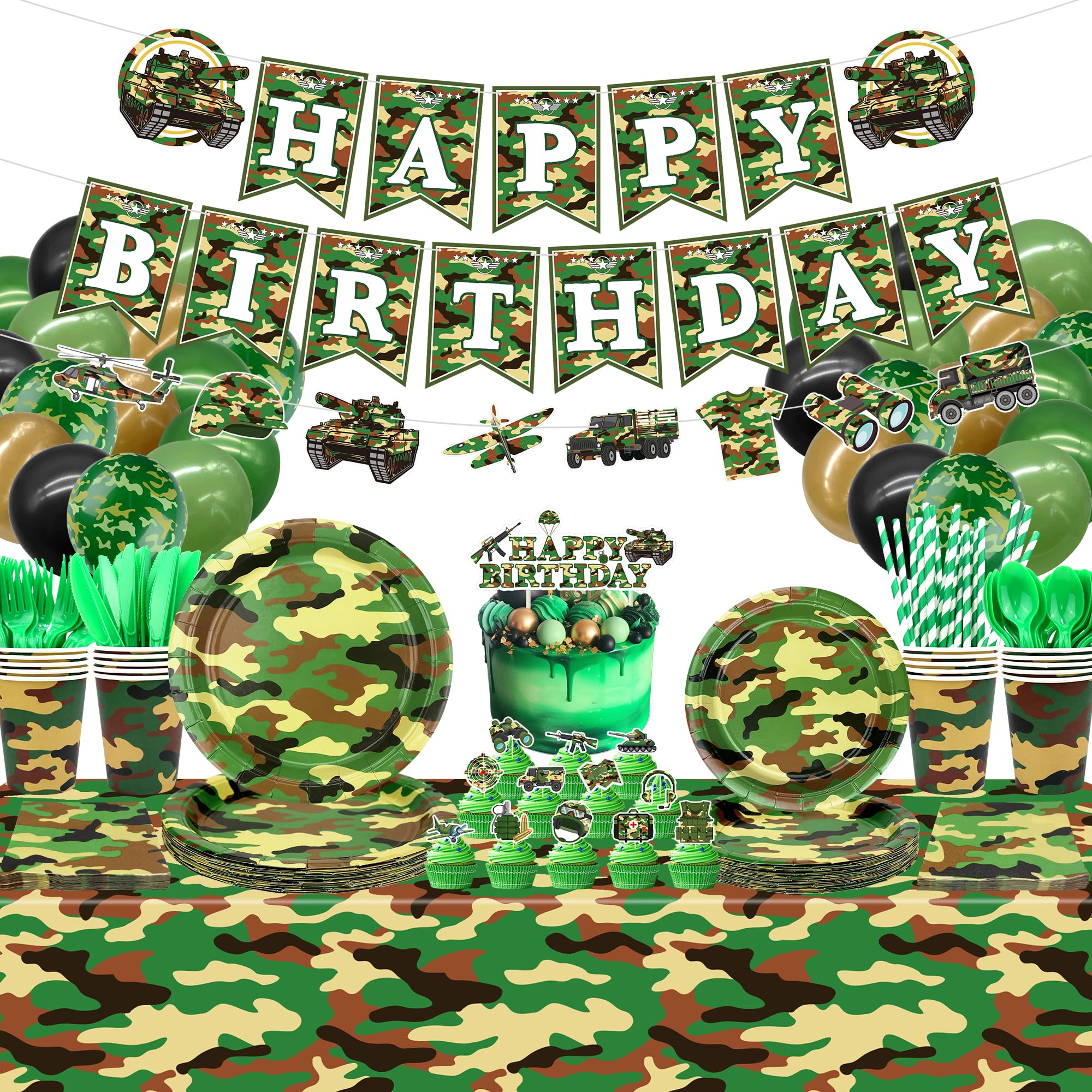 Camo Birthday Party Decoration - Army Party Supplies, Plates Cups Napkins Camo Tablecloth Happy Birthday Banner Balloons Cake Toppers for Boy