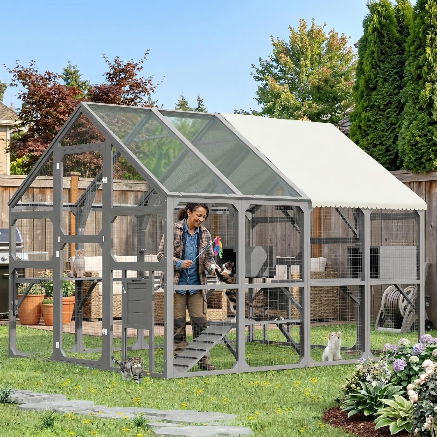 Extra Large Walk-in Catio Outdoor Cat Enclosure, 96" Wooden Cat House with 7 Platforms & 2 Insulated Condos, Sunshine Panel Roof, Heavy Duty for Multiple Cats