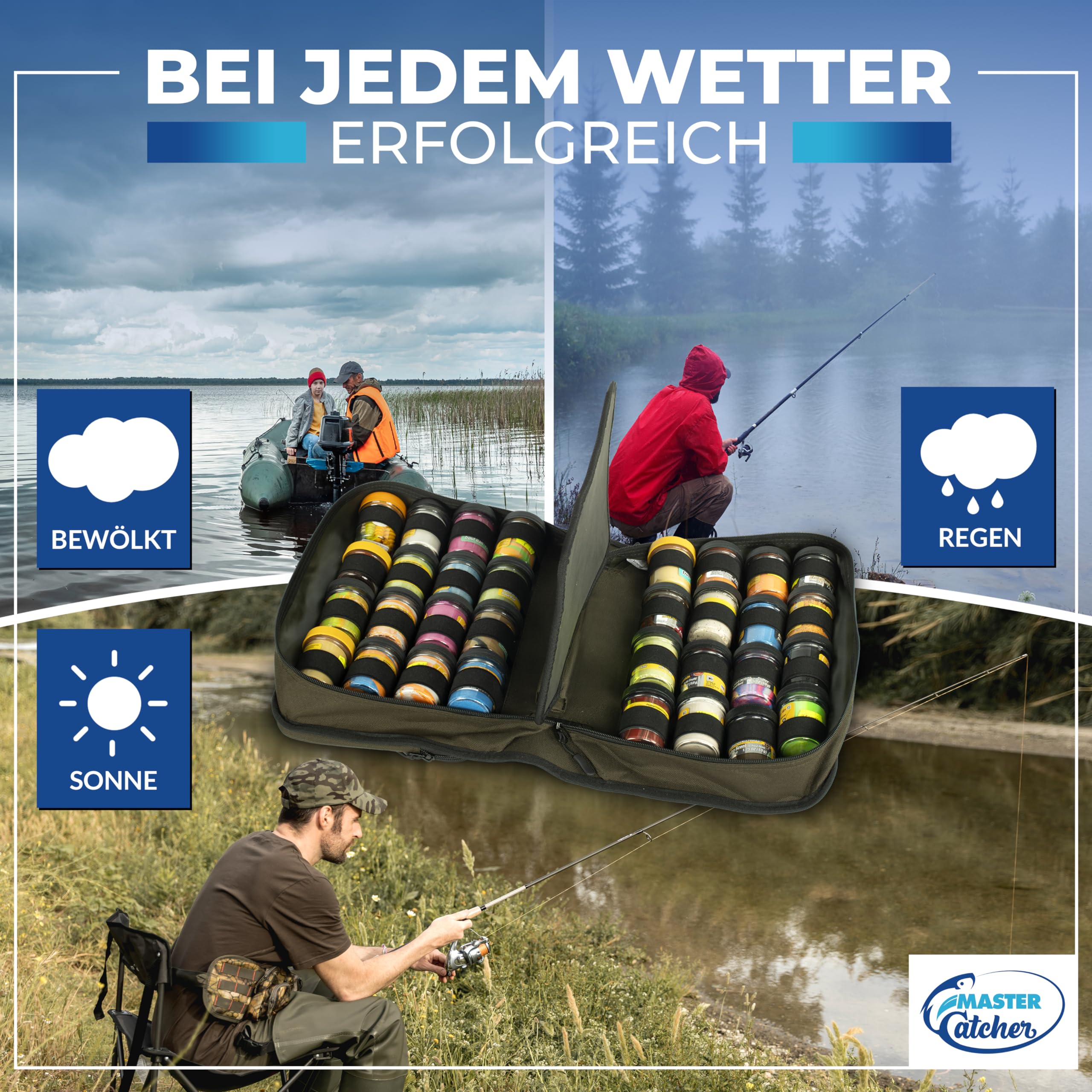 Forellenteig Tasche für 32 Gläser – MasterCatcher® – mehr Kapazität (statt 16–20) – Powerbait / Teiggläser Organizer – wasserabweisend – Designed in Germany