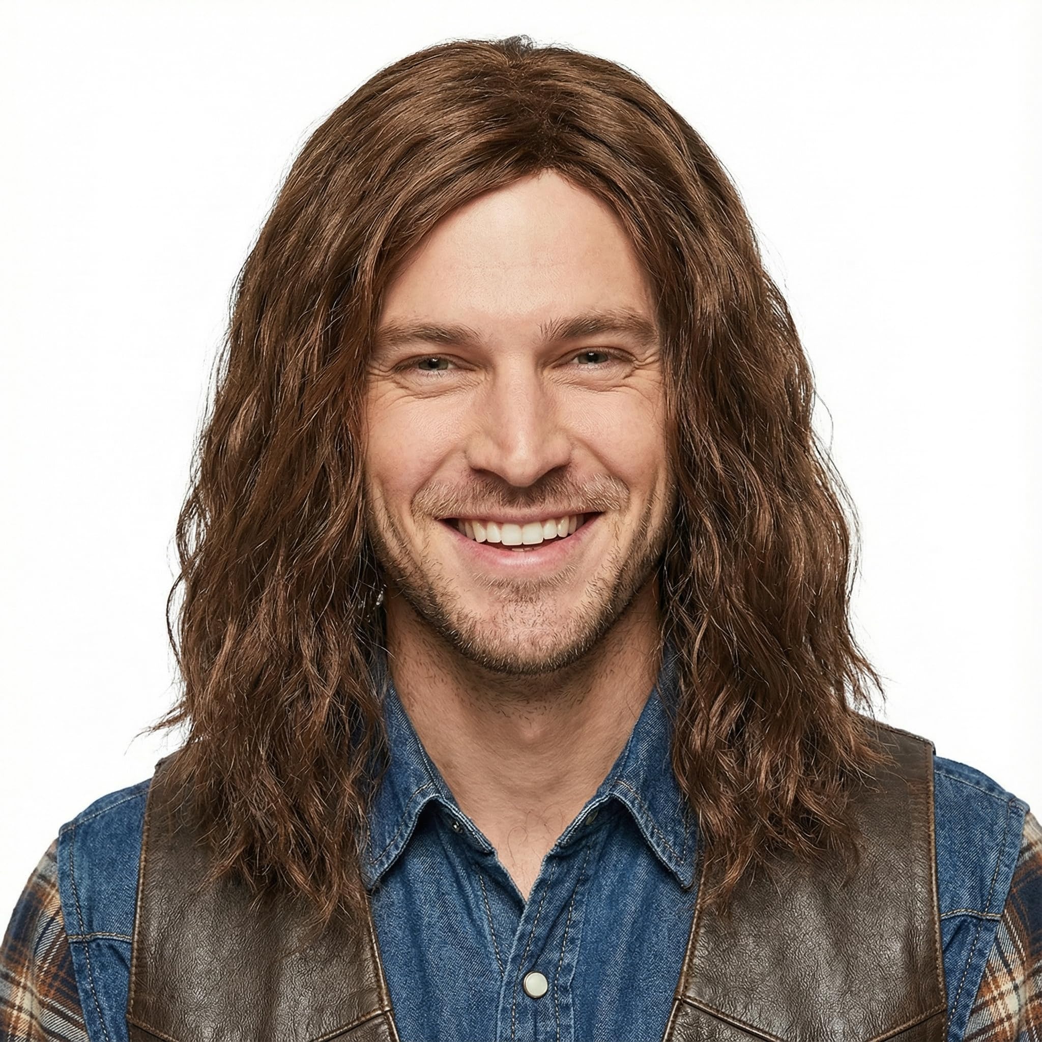 H&Bwig Brown Curly Men Wigs Long Wavy Fluffy Wigs for Men Hair for Daily Costume Party Synthetic Hair