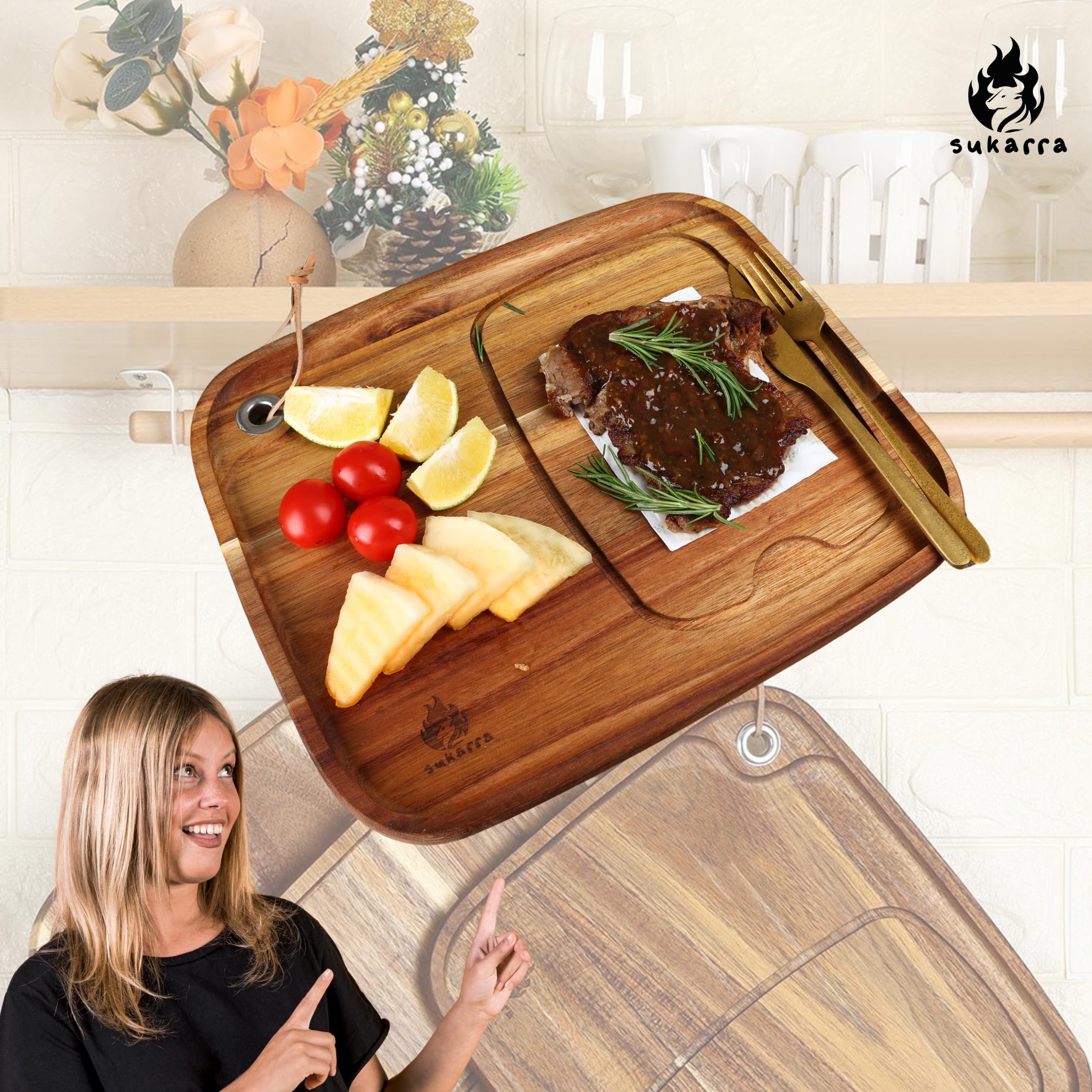 Set di taglieri per bistecca e hamburger in legno di acacia, 33 x 27,9 cm, di alta qualità, per grigliare, barbecue, cucina, perfetto per gli amanti della carne e l'intrattenimento