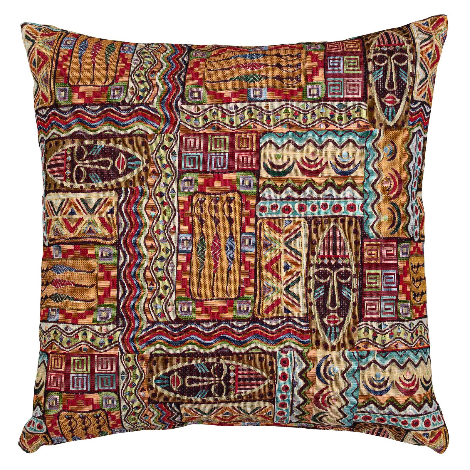 Linen Loft Terracotta Traditional African Mask Cushion Cover. Ethnic Tribal Pattern Patchwork Tapestry Pillow Case. 17X17 (43Cm) Double Sided. Earth Colours.