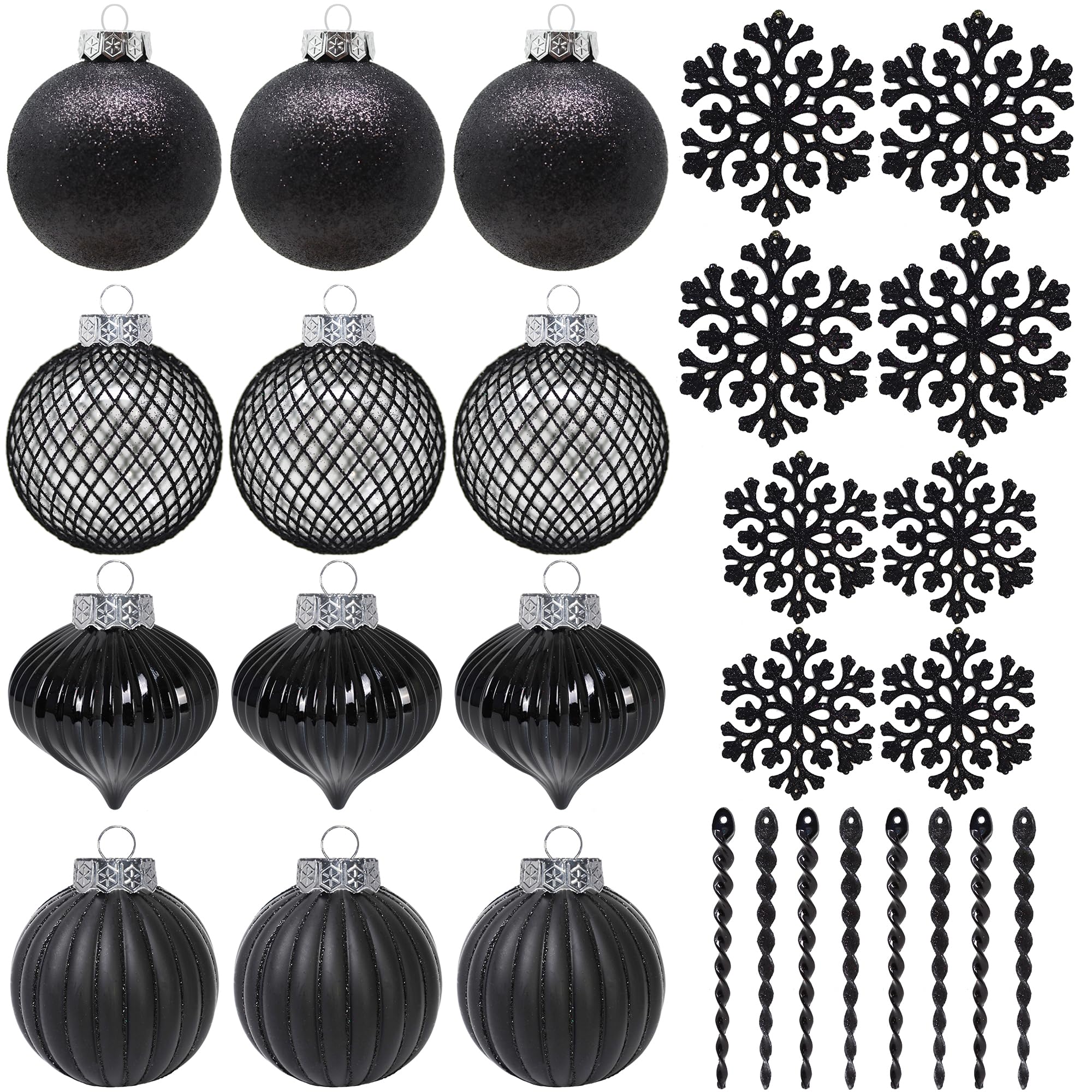 SLEETLY 28pk Bauble Black Ornaments for Christmas Tree Holiday Xmas Decorations, Shatterproof Plastic 3.15 Baubles, Icicles and Snowflakes