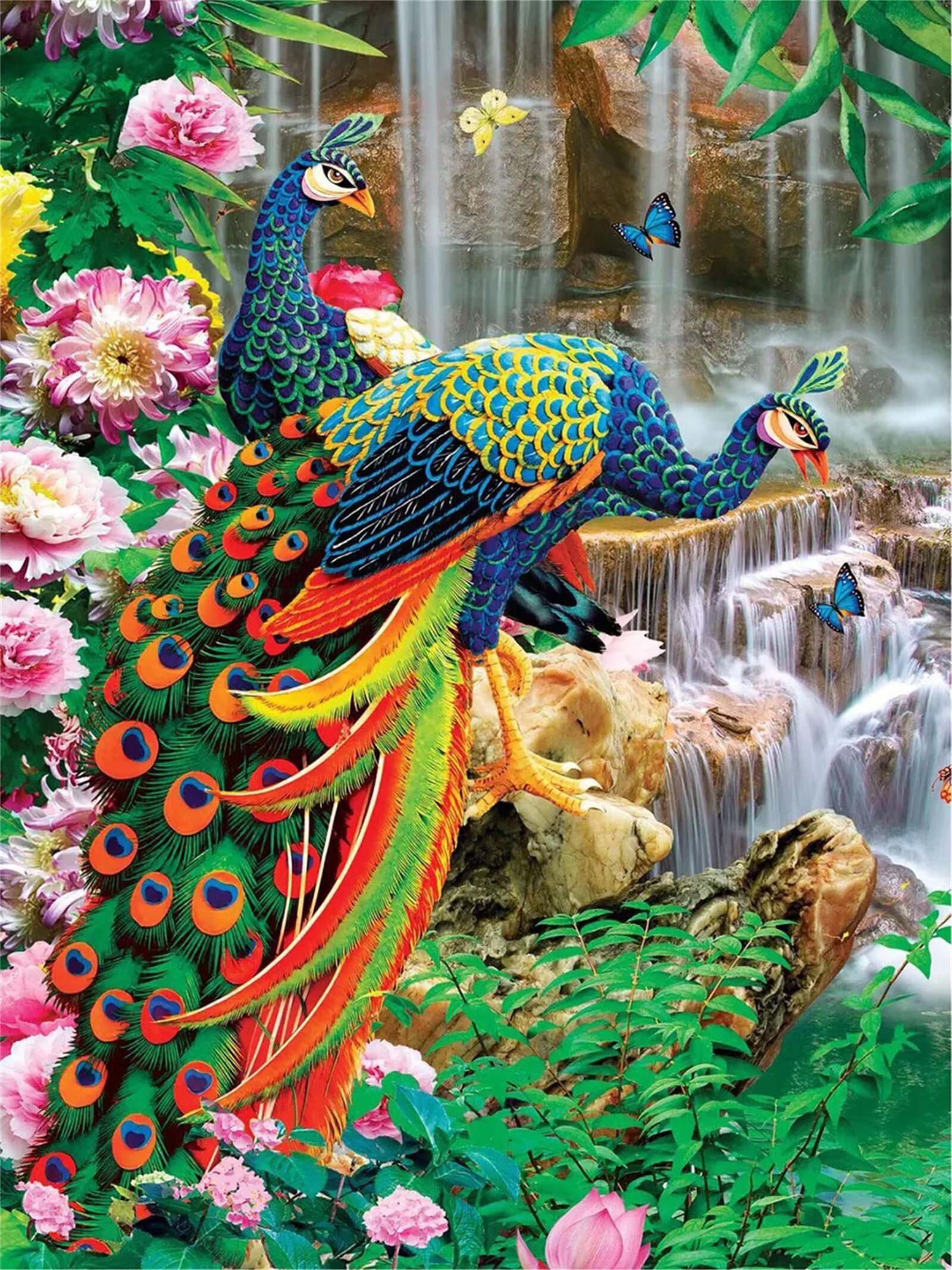 Puzzle 1200 elementów dla dorosłych, wodospad, piwonia, paw, klasyczne puzzle 75 x 50 cm, gra zręcznościowa dla całej rodziny, kolorowe układanie puzzli, dekoracja domu