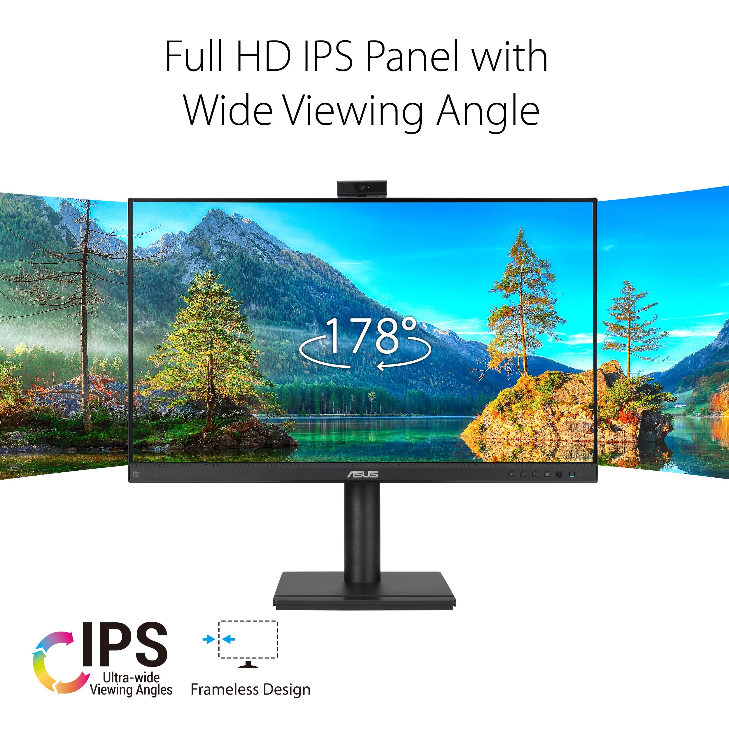 ASUS BE279QFK - Monitor para videoconferencias de 27", Full HD, IPS, 100 Hz, sin Marco, Webcam Full HD, Ergonómico, HDMI, Eye Care, Luz Azul Baja, Antiparpadeo, Montaje en Pared, Sostenibilidad