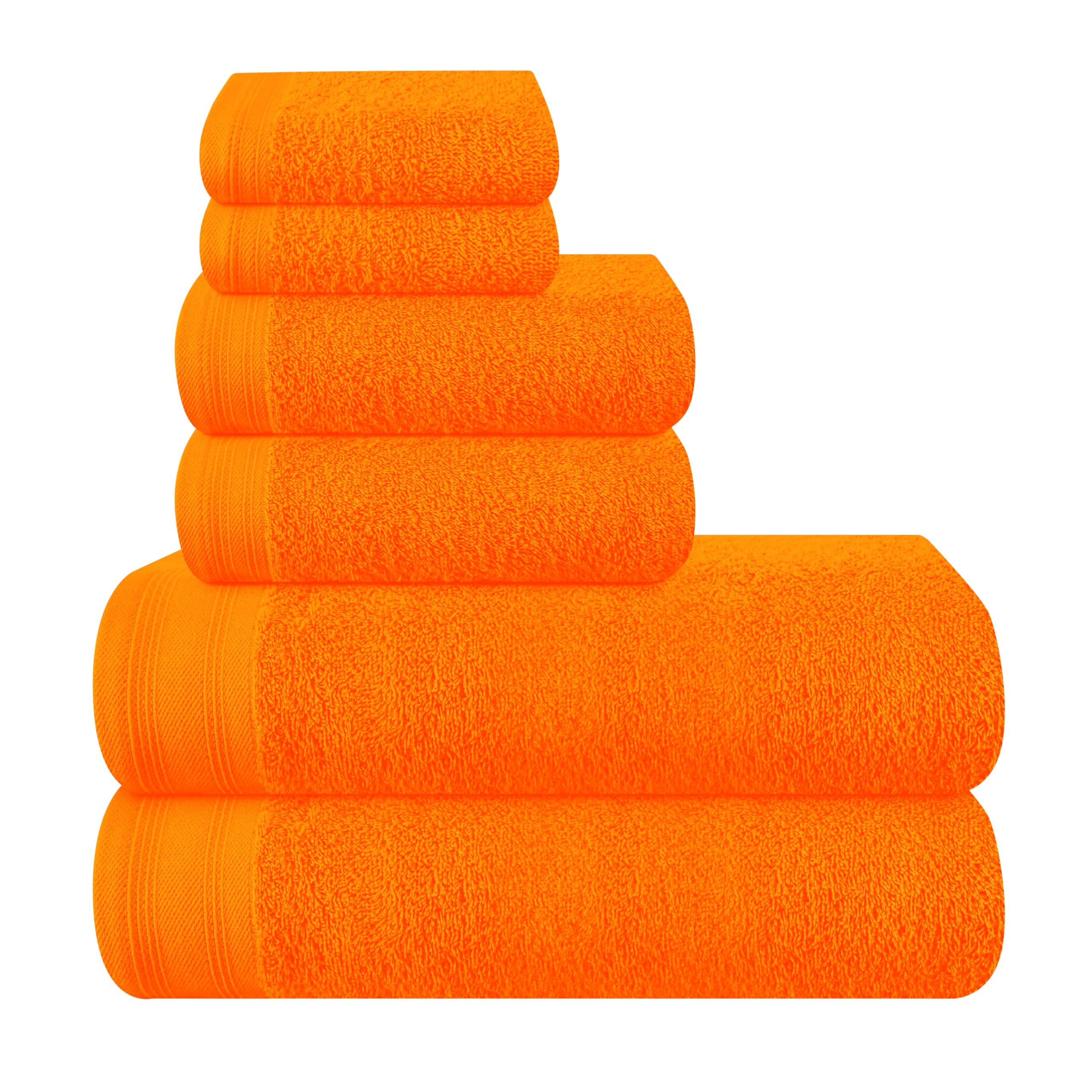 Ultra Soft 6 Pack Cotton Towel Set, Contains 2 Bath Towels 28x55 inch, 2 Hand Towels 16x24 inch & 2 Wash Coths 12x12 inch, Ideal Everyday use, Compact & Lightweight - Orange