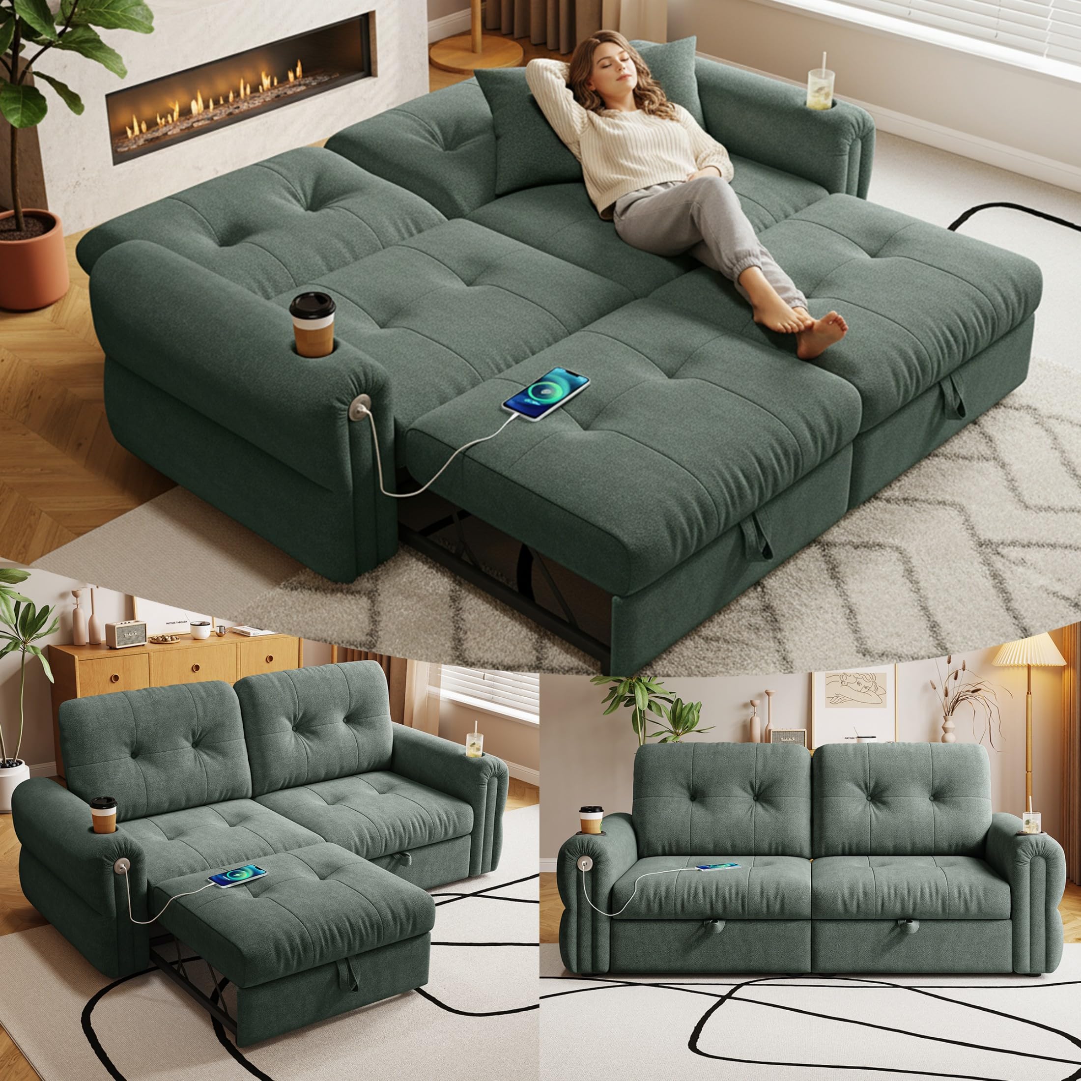 73 inch Queen Size Sofa Bed, Loveseat Sleeper Sofa with Pull Out Bed and USB, 2 Seater Convertible Small Couch (Green, Chenille)