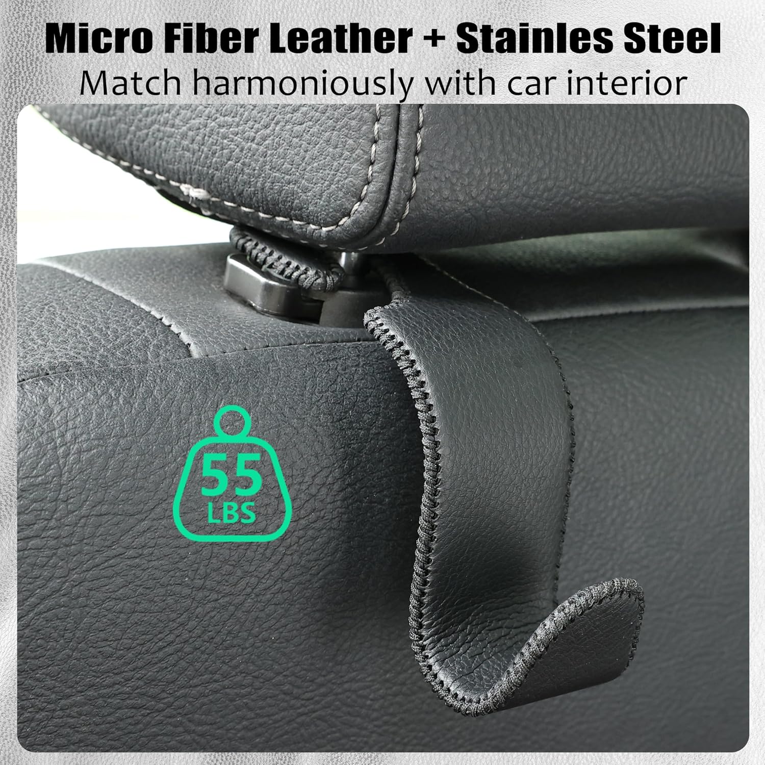 Amooca Car Seat Headrest Hook Universal Vehicle Storage Hanger Leather with Metal Car Seat Back Organizer for Handbag Purse Coat Black 4 Pack