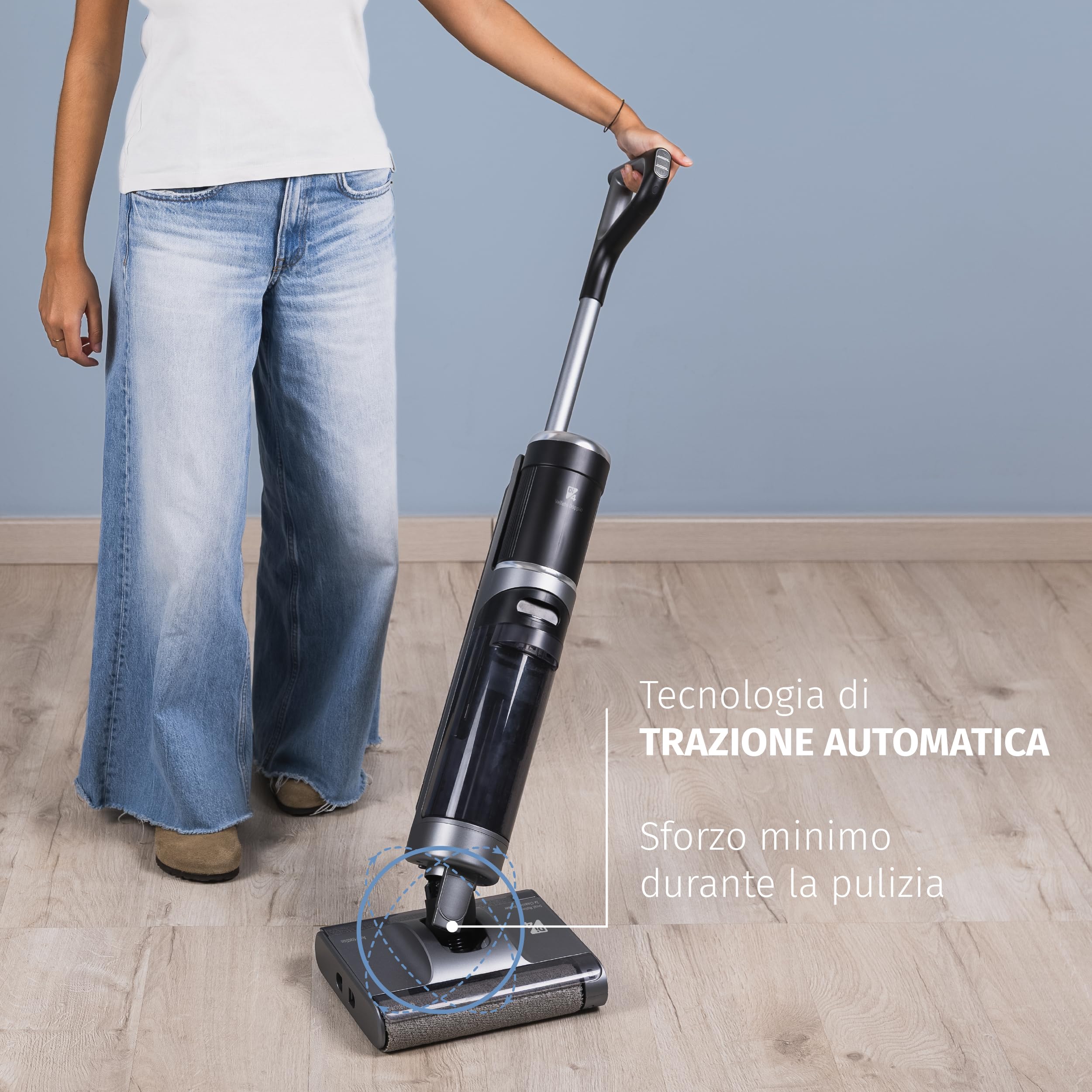 Di4 Velluto Doppio Lavapavimenti Elettrico 2‑in‑1 – Aspira, Lava e Asciuga, Doppio Rullo, Motore Digitale 200W, Autopulizia, Sensore di Sporco, 26 min di Autonomia, Display LED, Trazione Automatica