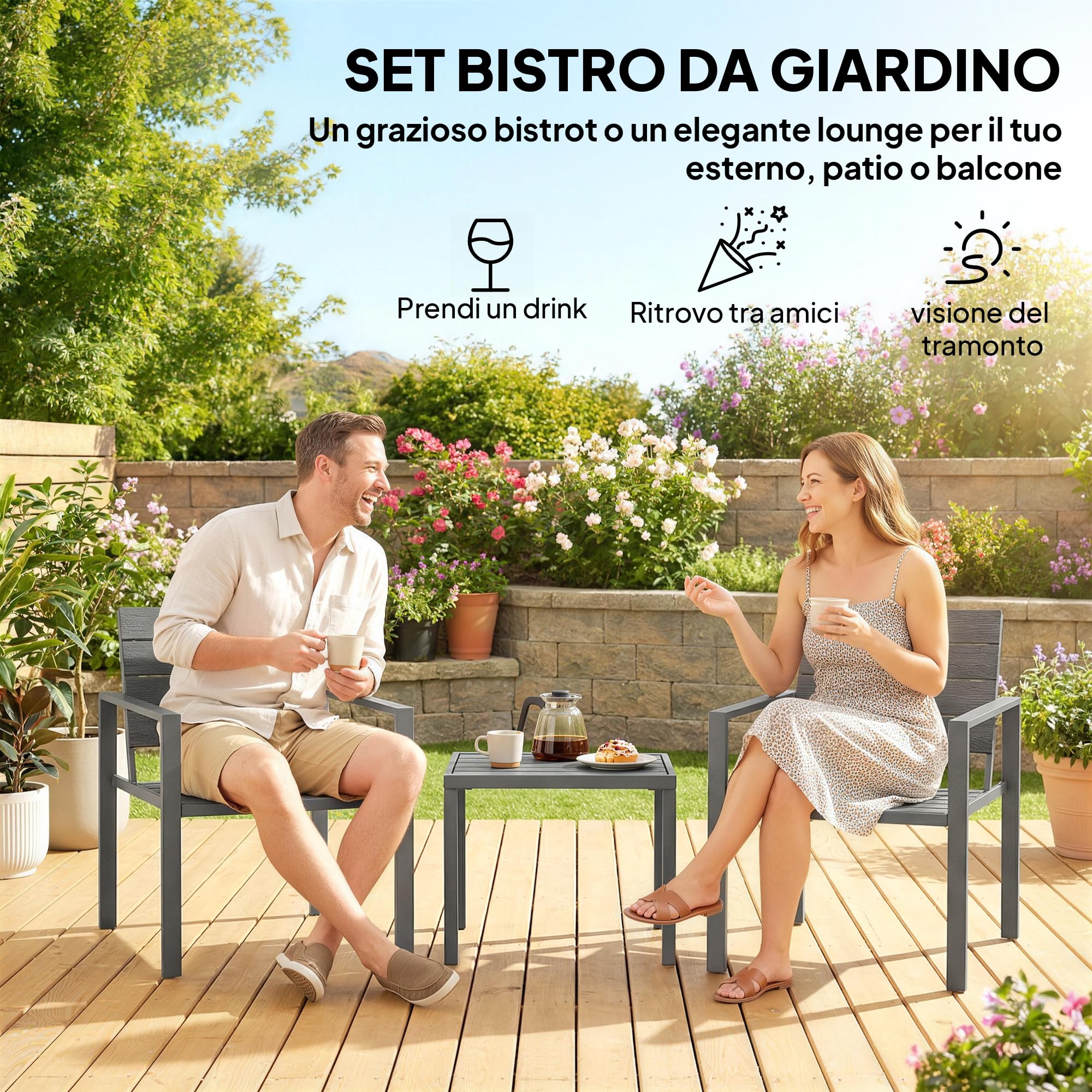 Outsunny Set da Bistrò 3 Pezzi, Set da Giardino in Metallo con Sedie HDPE e Tavolo, Grigio Scuro