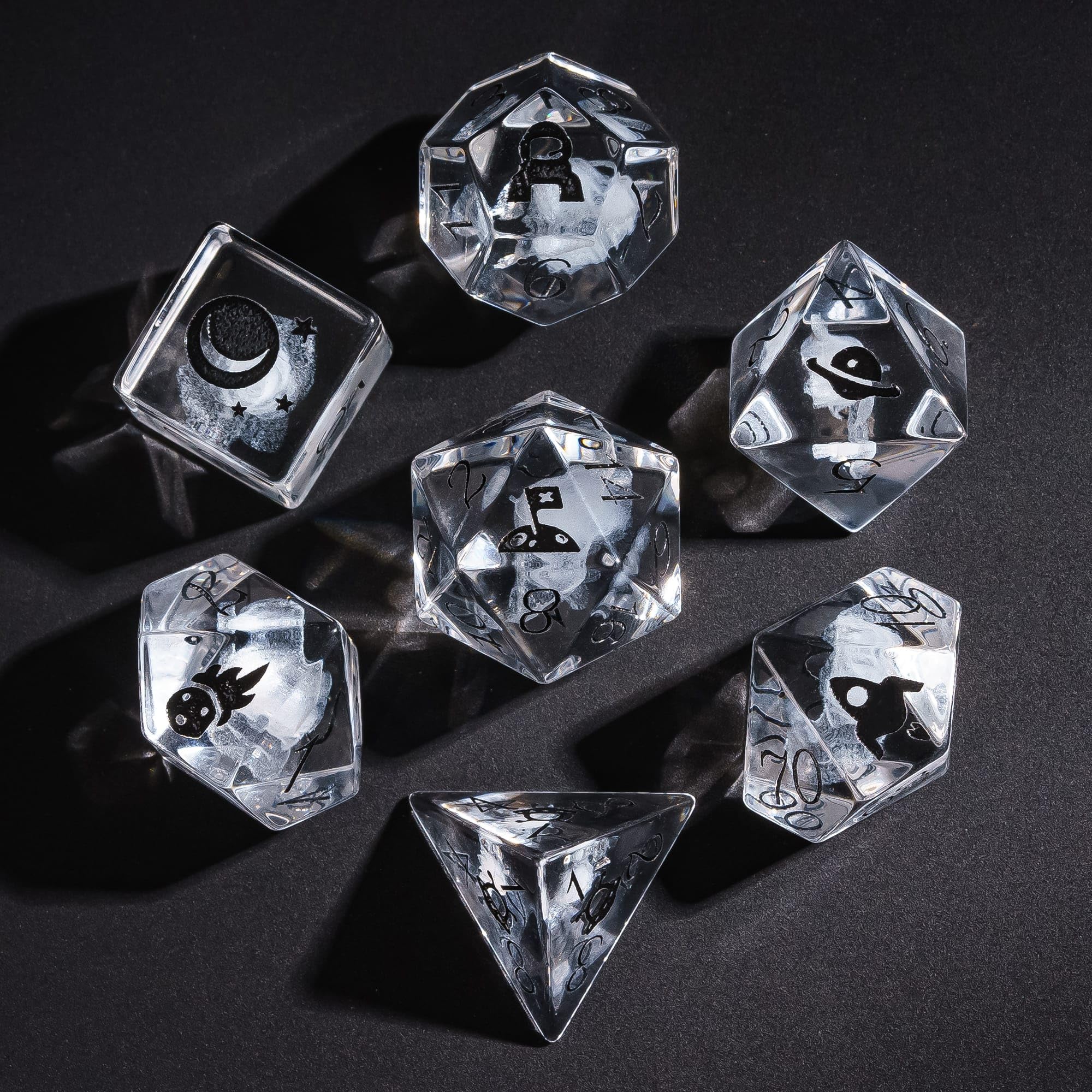 UDIXI 7PCS Transparent Glass Dice Set, 3D Rose Design Glass D&D Dice Set with Leather Case for RPG and Other Tabletop Game