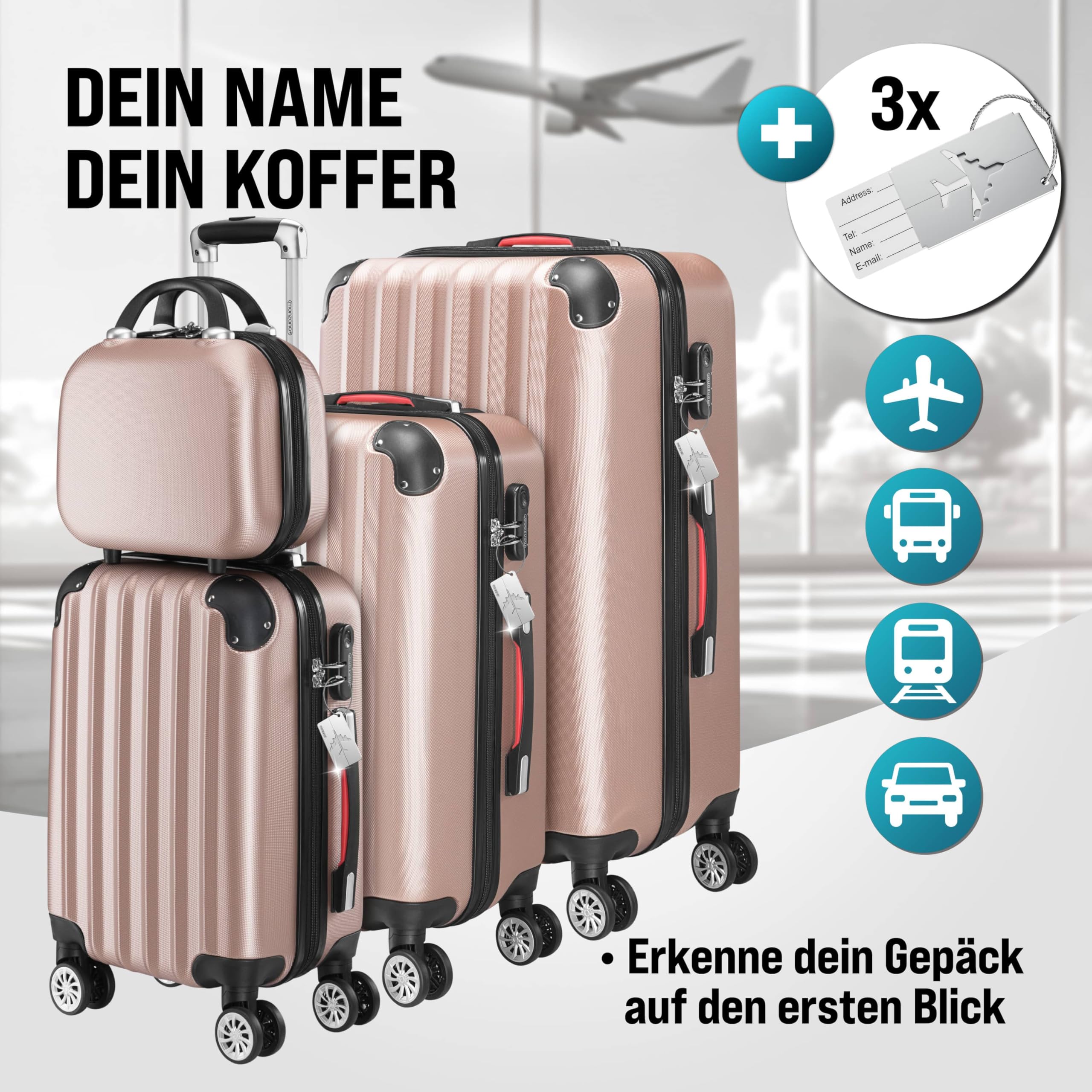 Monzana® 4tlg. Kofferset mit Beautycase, Rose - M-L-XL - inkl. Schloss, Organizer & Kofferwaage - Gurt Gel-Griffe, Zwillingsrollen, Standfüße, Trolley, Reisekoffer, Hartschalenkoffer, Gepäck-Set
