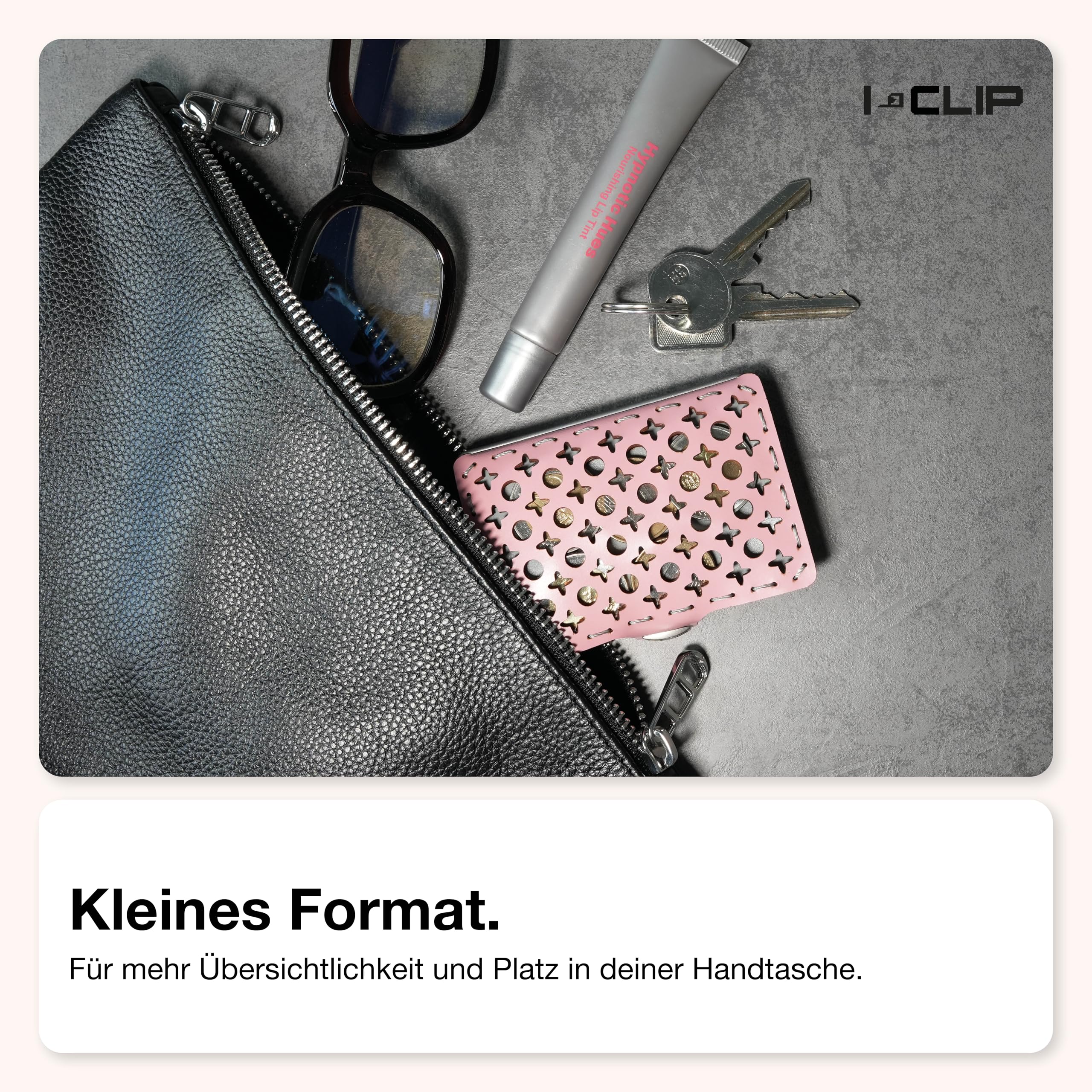 I-CLIP Original Geldbörse mit Münzfach - Damen - Leder Portemonnaie - mit Geldklammer - hochwertiger Geldbeutel - Slim Wallet - Silberner Rahmen - Rosa Leder - Bernardette