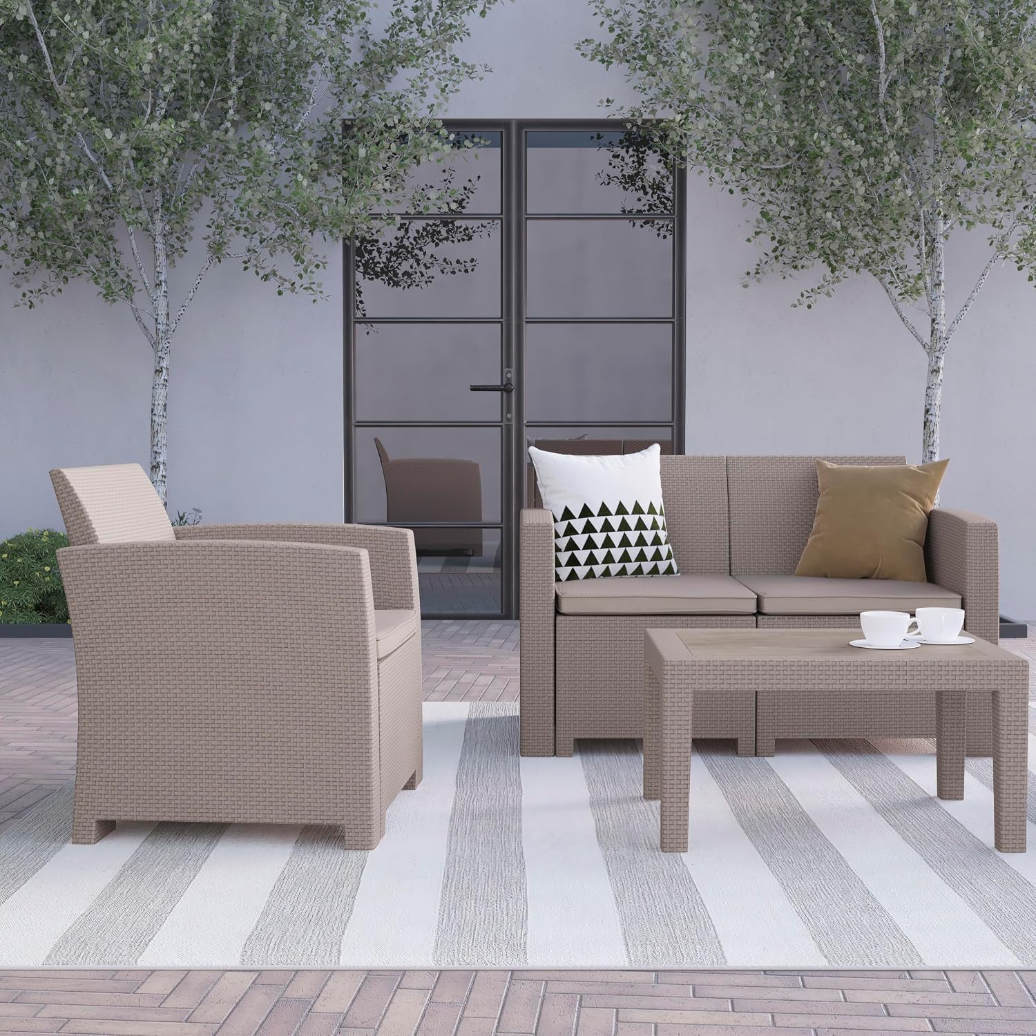 Flash Furniture Seneca 4 Piece Outdoor Faux Rattan Chair, Loveseat and Table Set in Seneca Light Gray