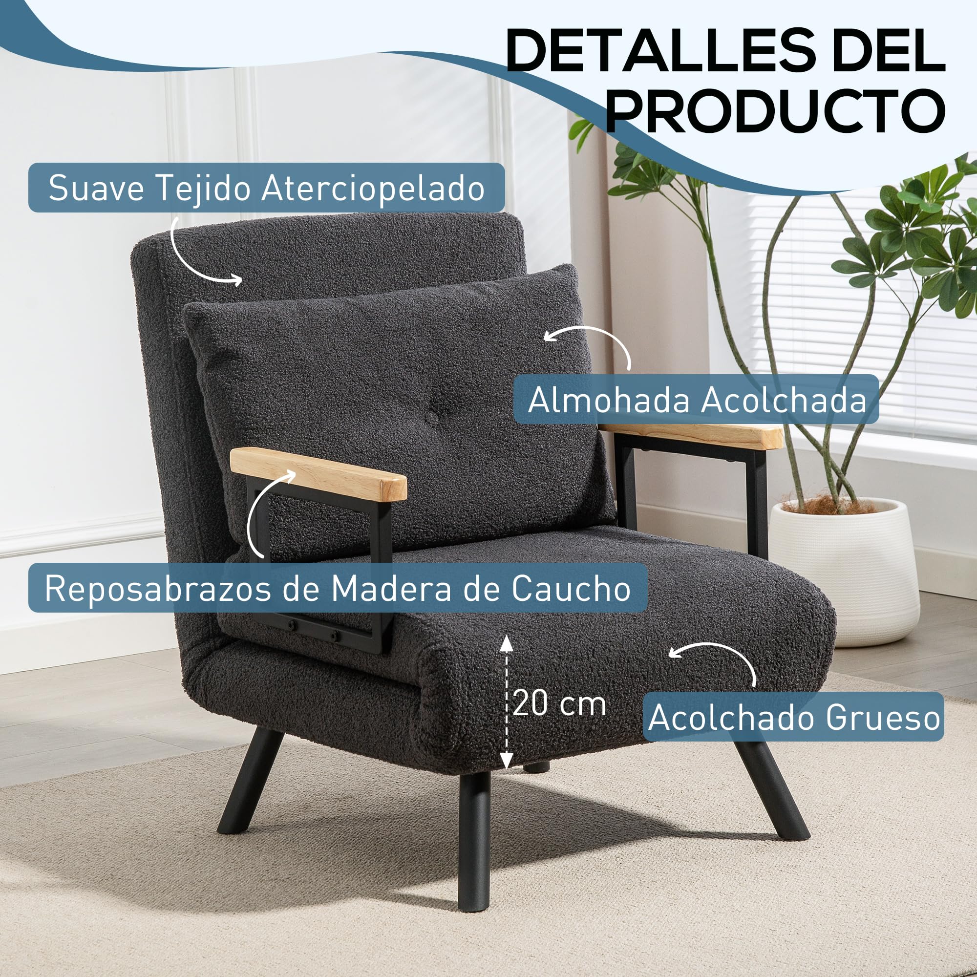 HOMCOM Sofá Cama de 1 Plaza Sofá Cama Plegable Tapizado en Borreguito con Respaldo Ajustable de 5 Niveles y Almohada Acolchada para Oficina Dormitorio Salón 63x73x81 cm Gris Oscuro