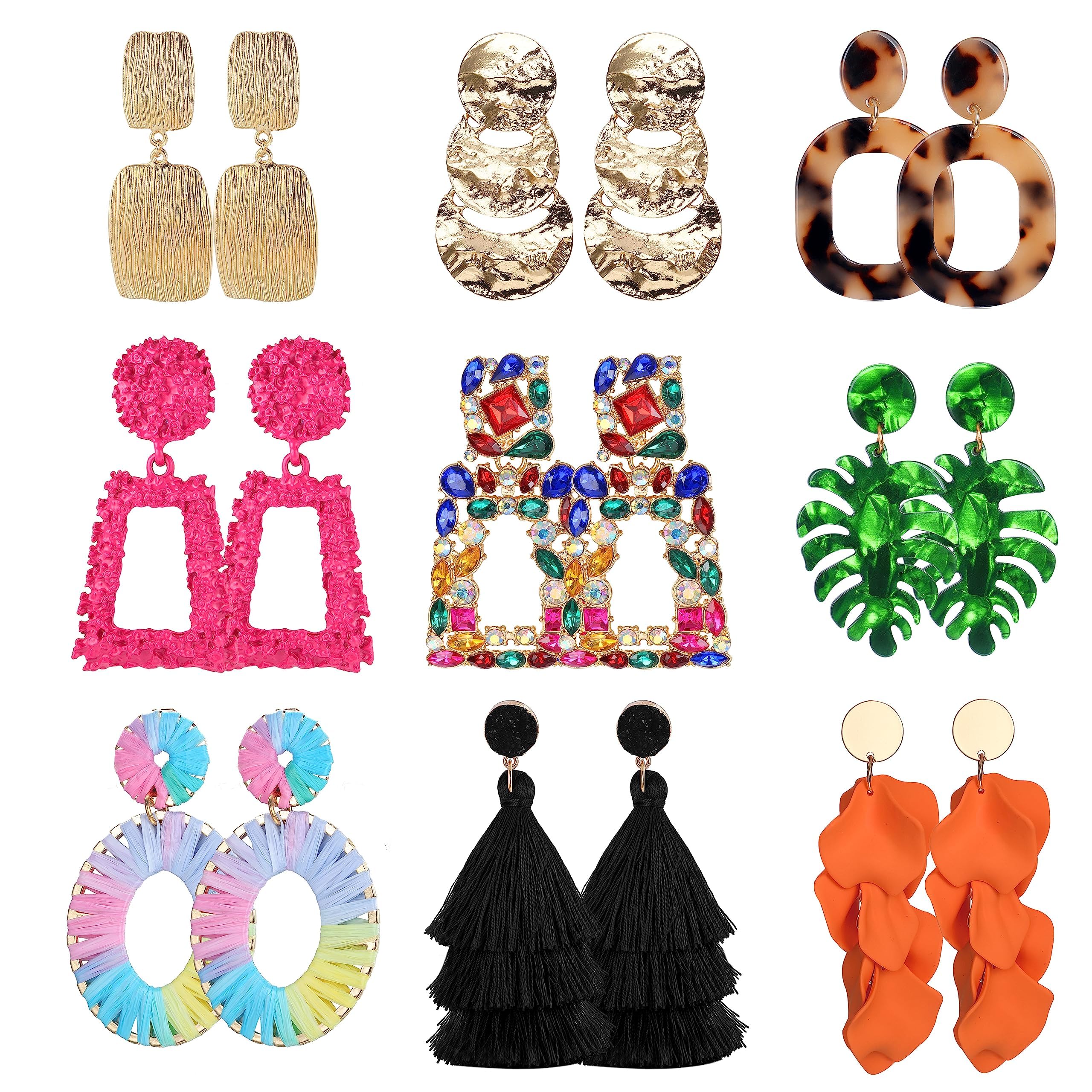 9 Pairs Clip on Earrings for Women Fashion Rattan Acrylic Tassel Drop Dangle Earrings Set Lightweight Geometric Statement Bohemian Clip Earrings for Non Piercied