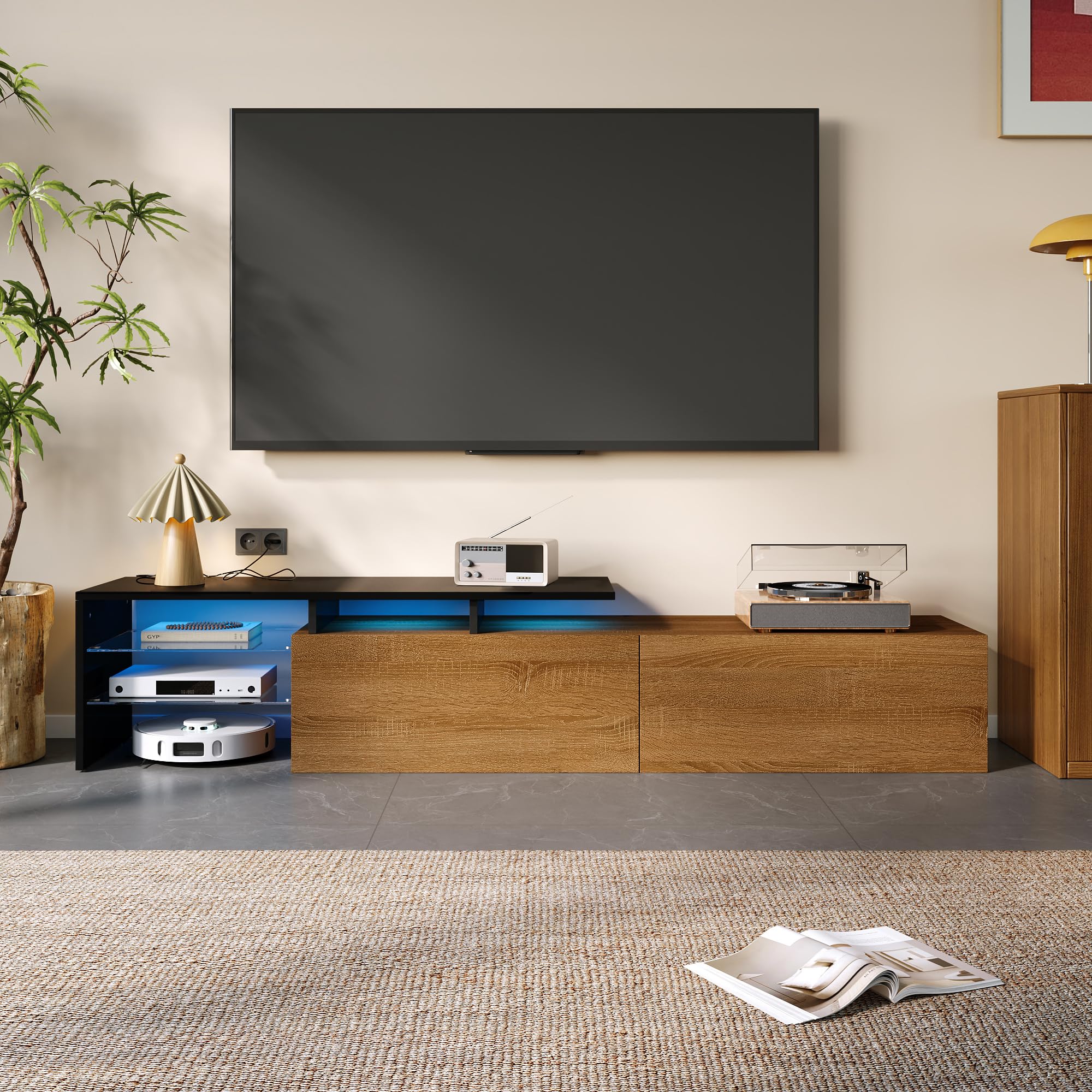 ModernLuxe LED TV Cabinet TV Stand TV Unit with Glass Shelves & 16-Colour LED Mood Lighting – 170 × 33 × 33.5 cm TV Stand with Smart Storage - Black & Wood A — image 1